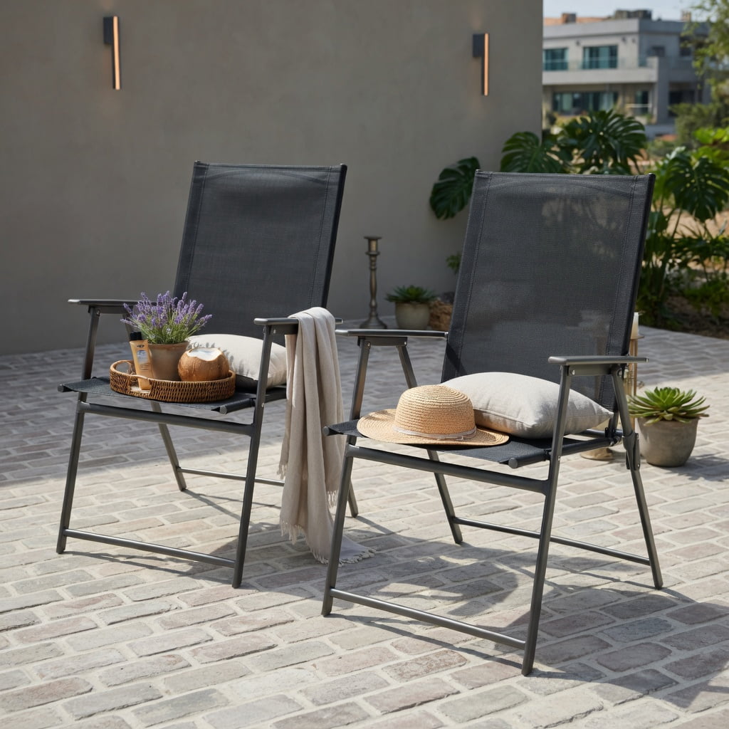 Hommoo 2-Pack Foldable Patio Chairs with Armrests, Heavy-Duty Metal Outdoor Chairs for Deck, Garden, Backyard & Camping, Black