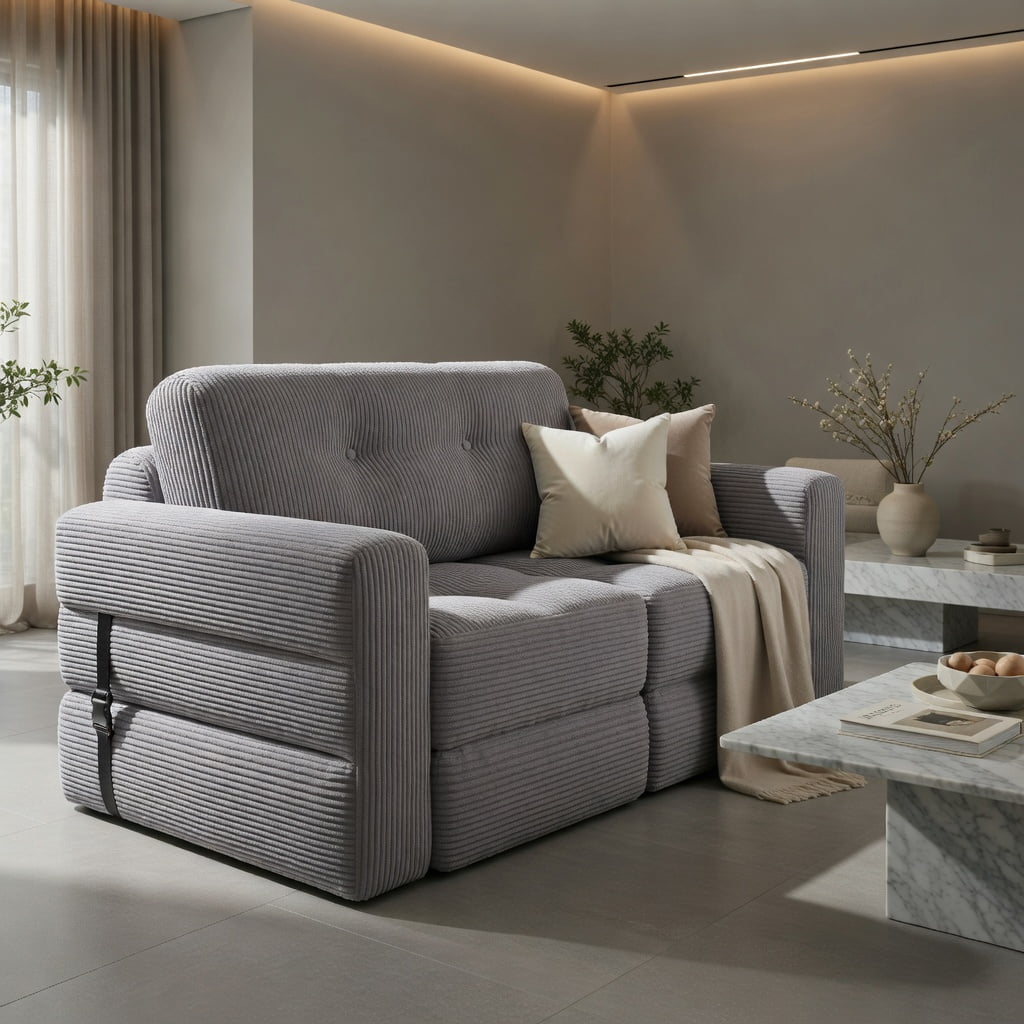 Hommoo 3-in-1 Folding Sofa Bed with Pillow & Back Support, Corduroy Convertible Sleeper for Living Room, Bedroom & Guest Room, Gray