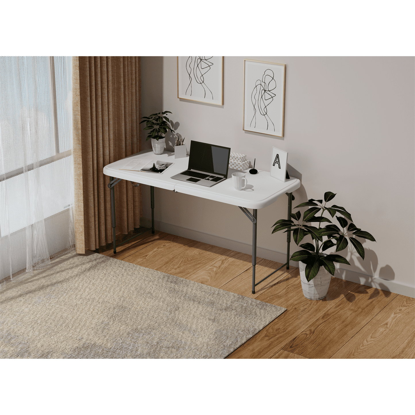 Hommoo 4ft Plastic Folding Table, Indoor Outdoor Heavy Duty Portable w/Handle, Lock for Picnic, Party, Camping, White