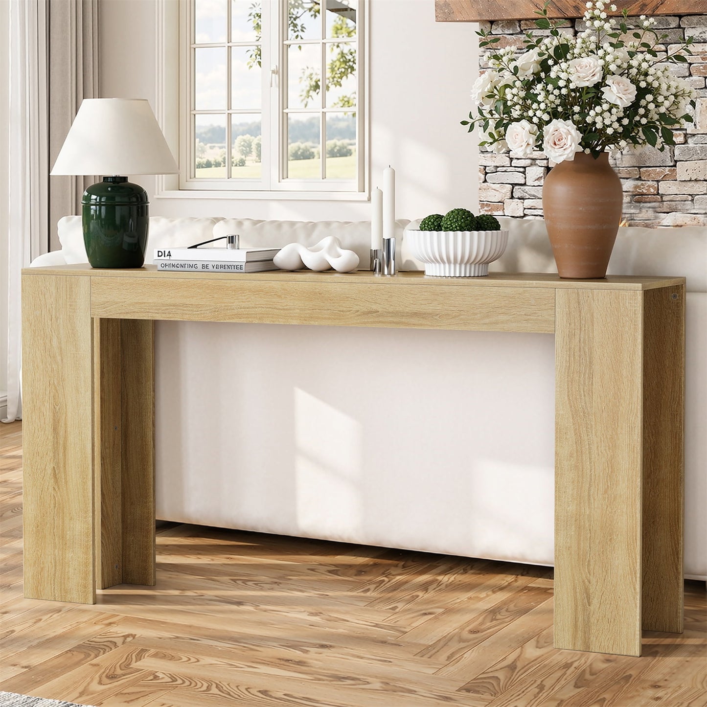 Hommoo 62.99" Extra-long Entryway Table, Farmhouse Sofa Table, Console Table, Hallway Table, Oak
