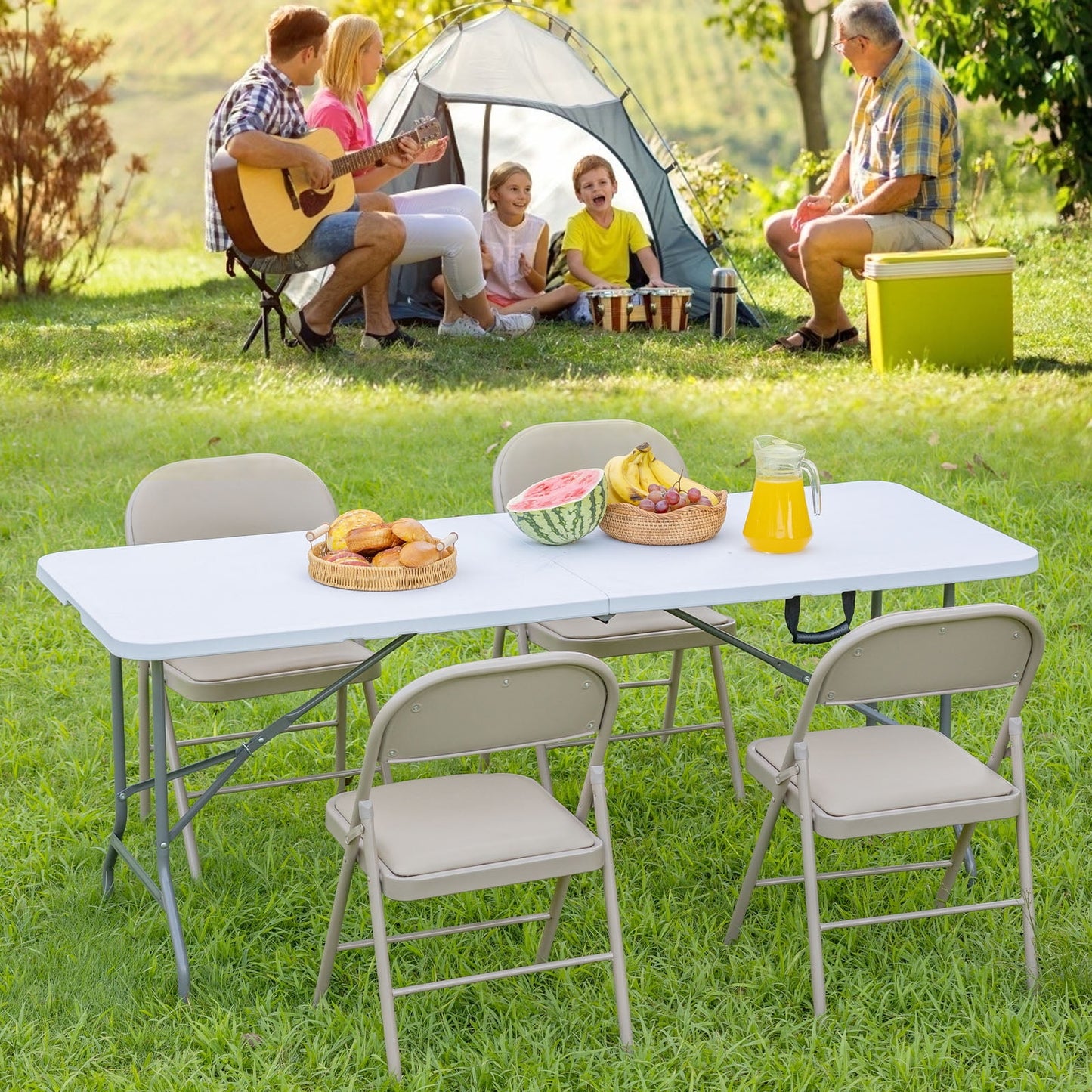 Hommoo 6ft Plastic Folding Table, Indoor Outdoor Portable Picnic Table for Home Office Party Picnic, with Lock, White