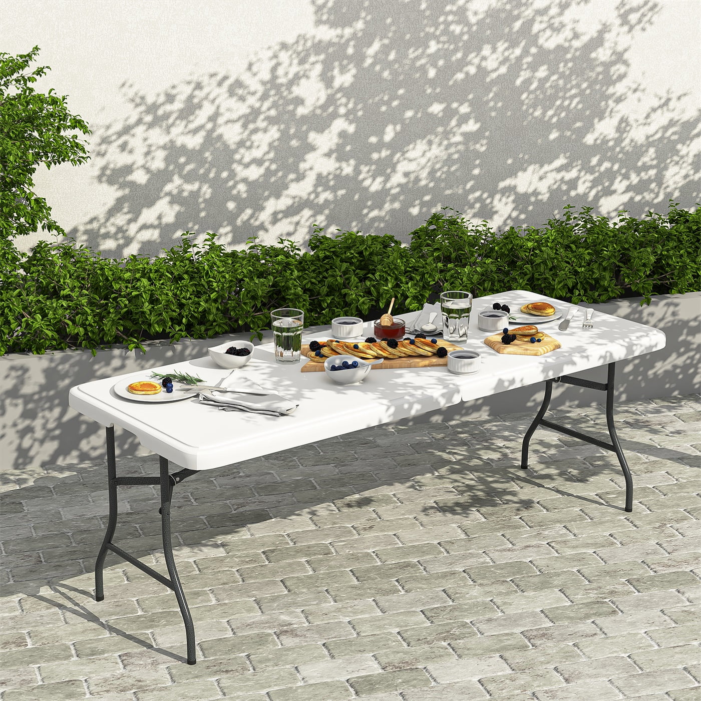 Hommoo Mesa Plegable de Plástico de 6 Ft, Mesa de Picnic Portátil para Interiores y Exteriores para Hogar Oficina Fiesta Picnic, con Cerradura, Blanca