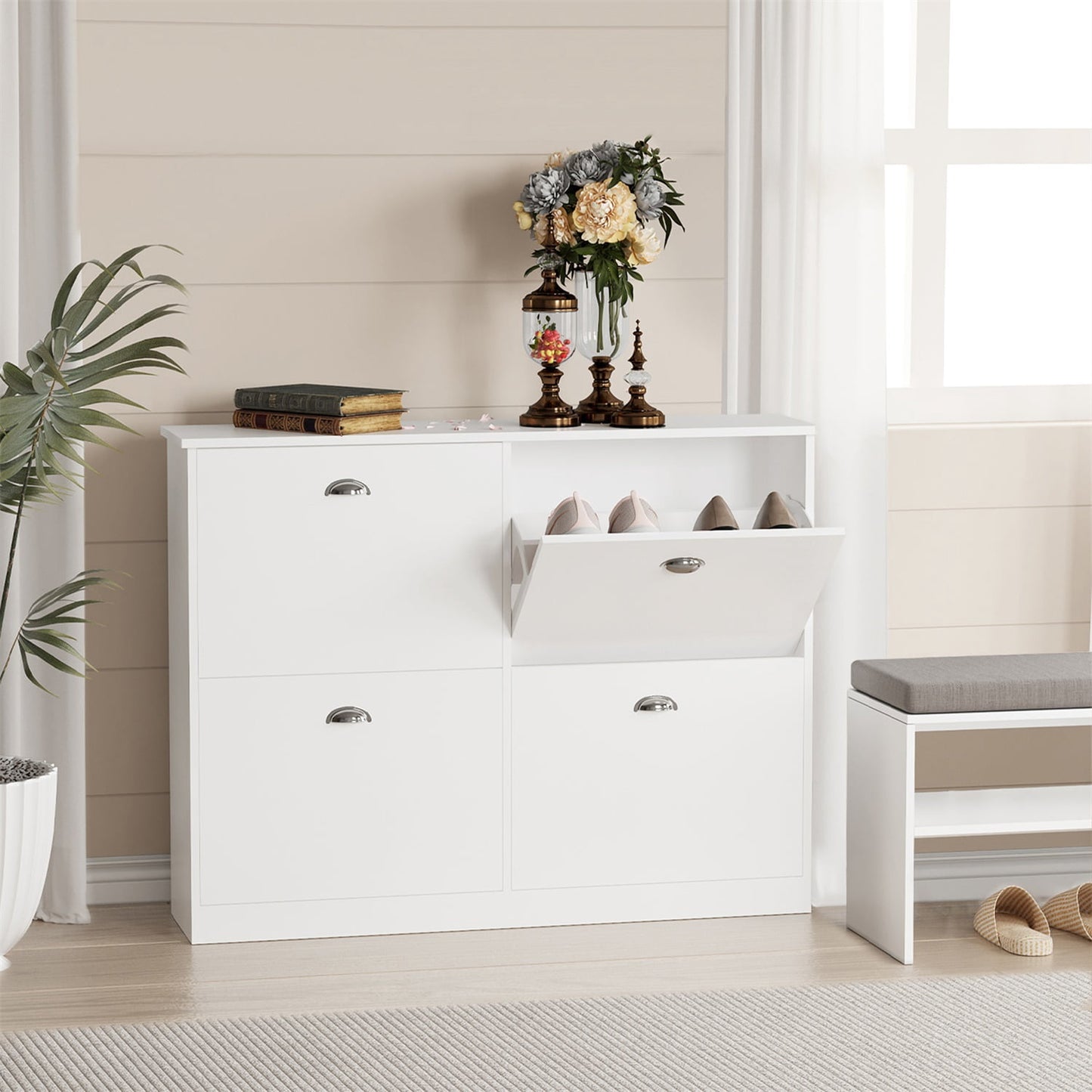 Hommoo Freestanding Shoe Cabinet with 4 Flip Drawers, Modern Shoe Rack Cabinet for Entryway, White