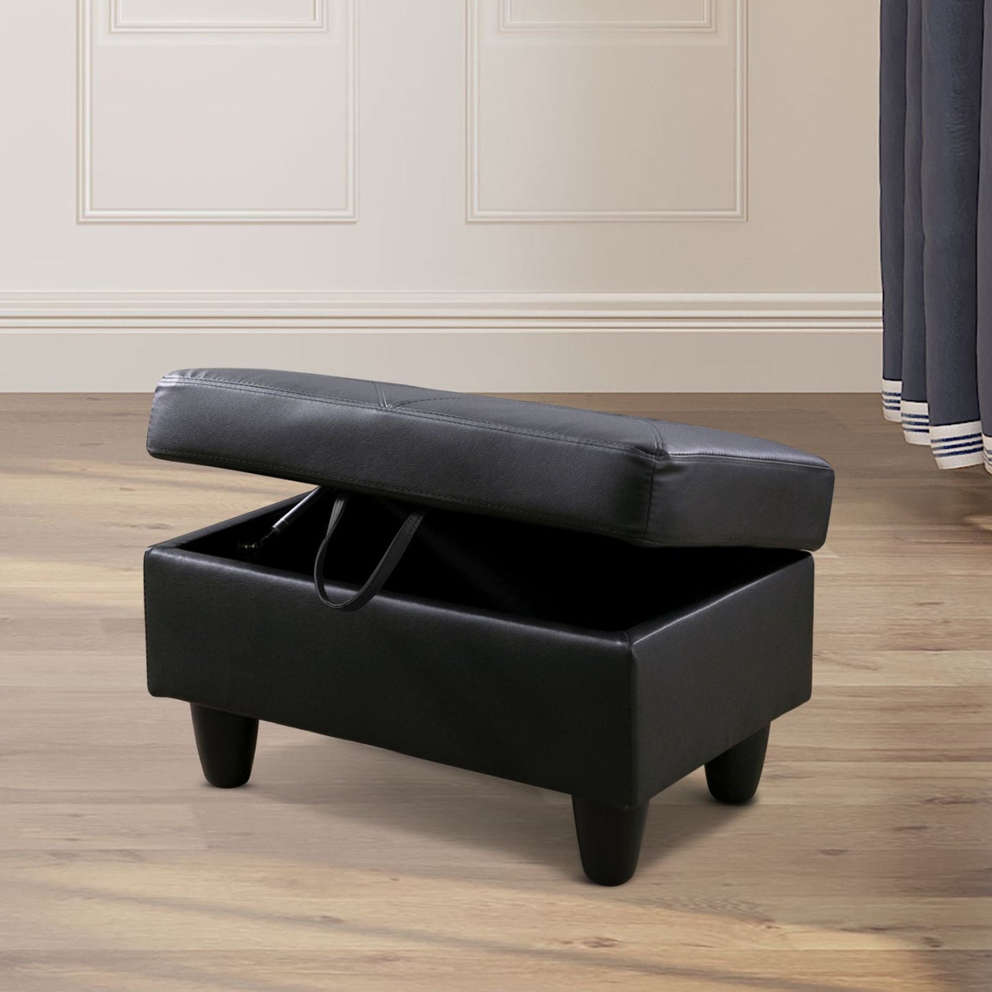 Hommoo Semi PU Synthetic Leather Rectangular Storage Ottoman, Bench Tufted Footrest, Modern Lift Top Pouffe Ottoman for Living Room, Black
