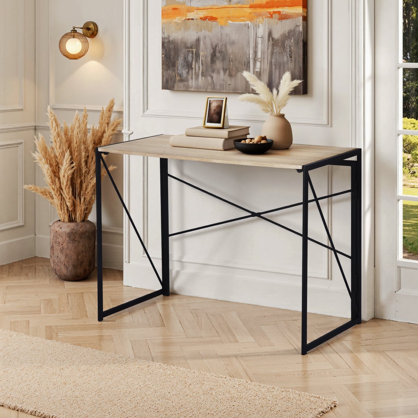 Homy Casa 39.4" Folding Table, Light Wood Tabletop with Metal Frame for Home Office or Dorm Use