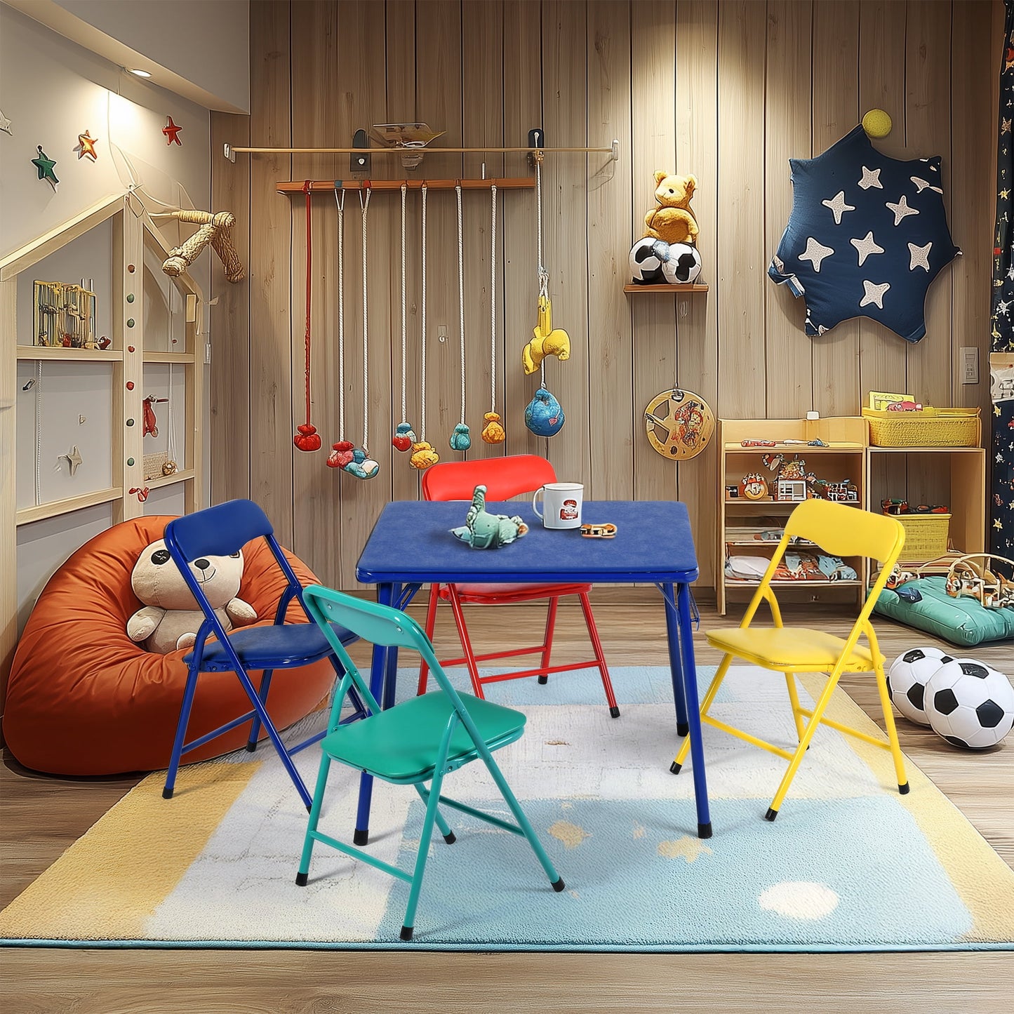 Homy Casa Folding Play Table Set with 4 Chairs, Ideal for Toddler Playroom Classroom Activity Playset, Multicolor