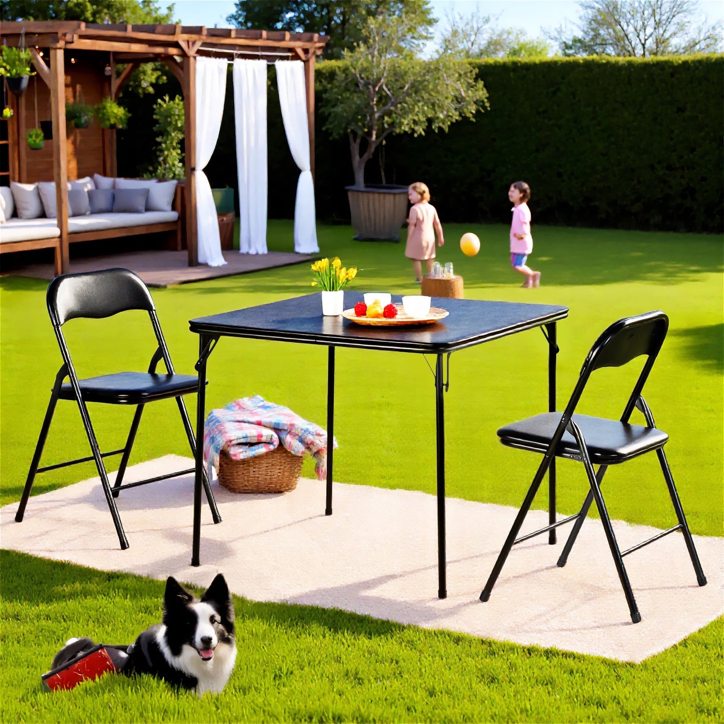 Homy Casa 3-Piece Folding Dining Set with 33.9in Square Table and 2 Metal Chairs, Black