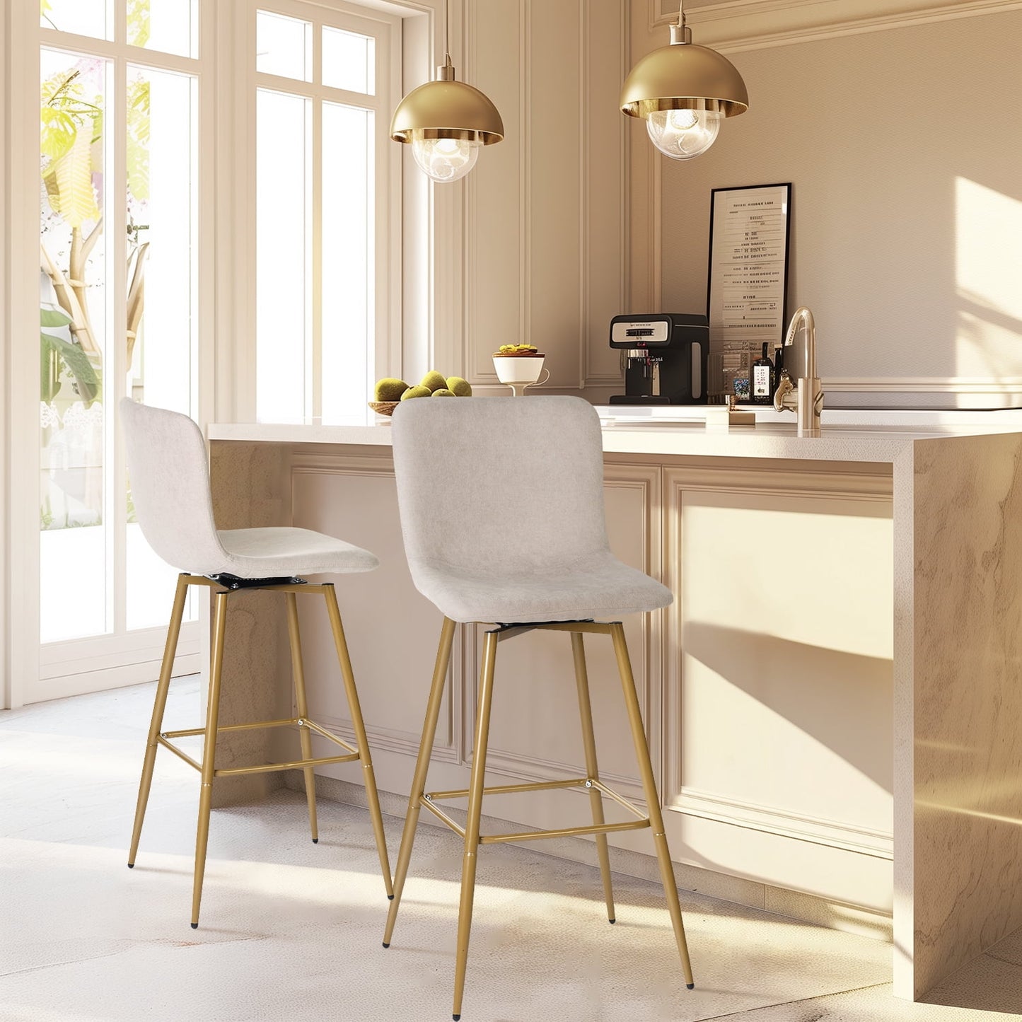Homy Casa Swivel Barstool Set of 2, 30 inch Terry Fabric Upholstered Chair for Home Kitchen, Beige