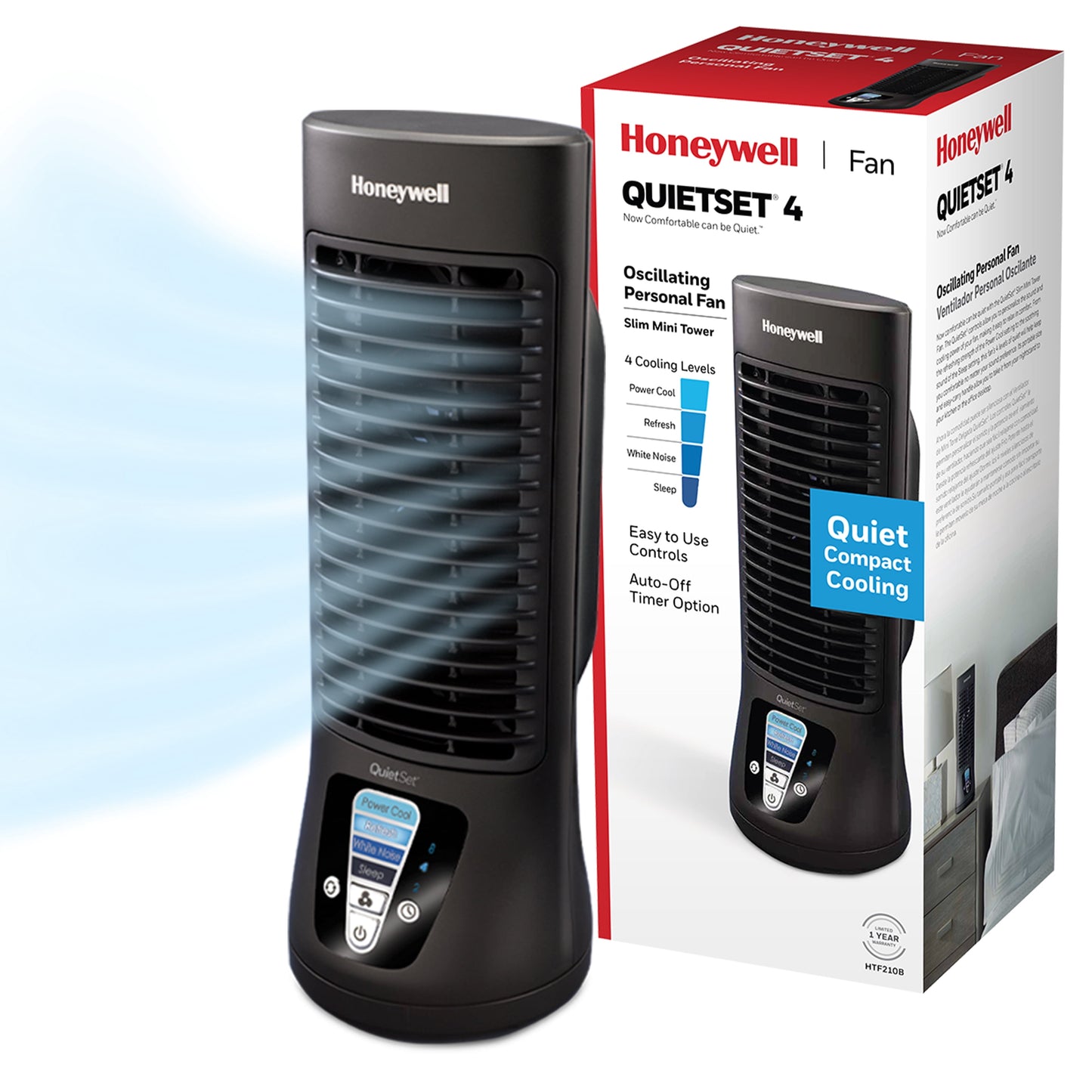 Honeywell 13" Black QuietSet Oscillating Table Fan, 10ft Air Circulation Power, 4 Speed, Auto Off Timer, HTF210