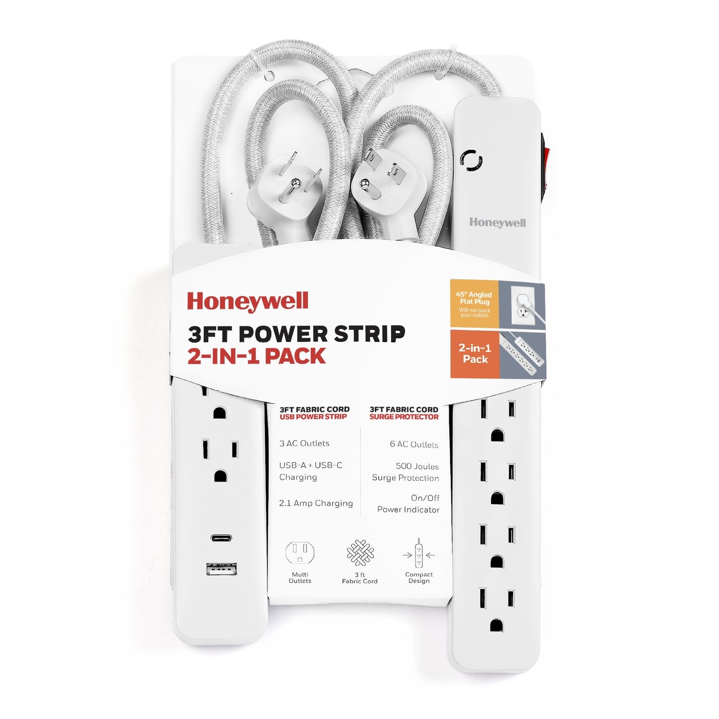 Honeywell 2-in-1 Pack Power Strips - 6 AC Outlets Surge + 3 AC 2 USB Strip (1 USB-A + 1 USB-C 2.1A) - White