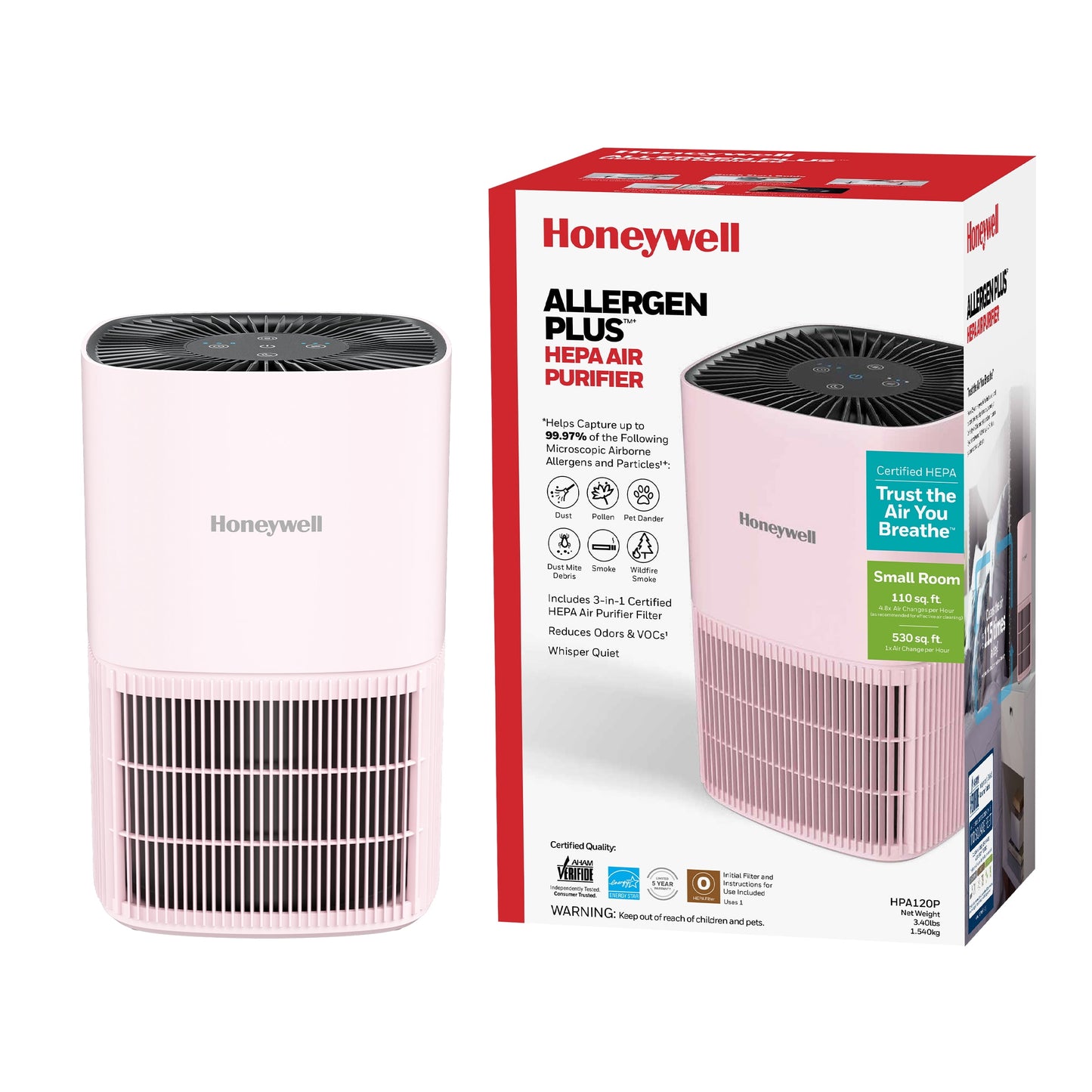 Honeywell HEPA Air Purifiers for Bedroom, 530 Sq ft, HEPA Filter, Allergen+, Smoke, Pollen Reducer, HPA120P