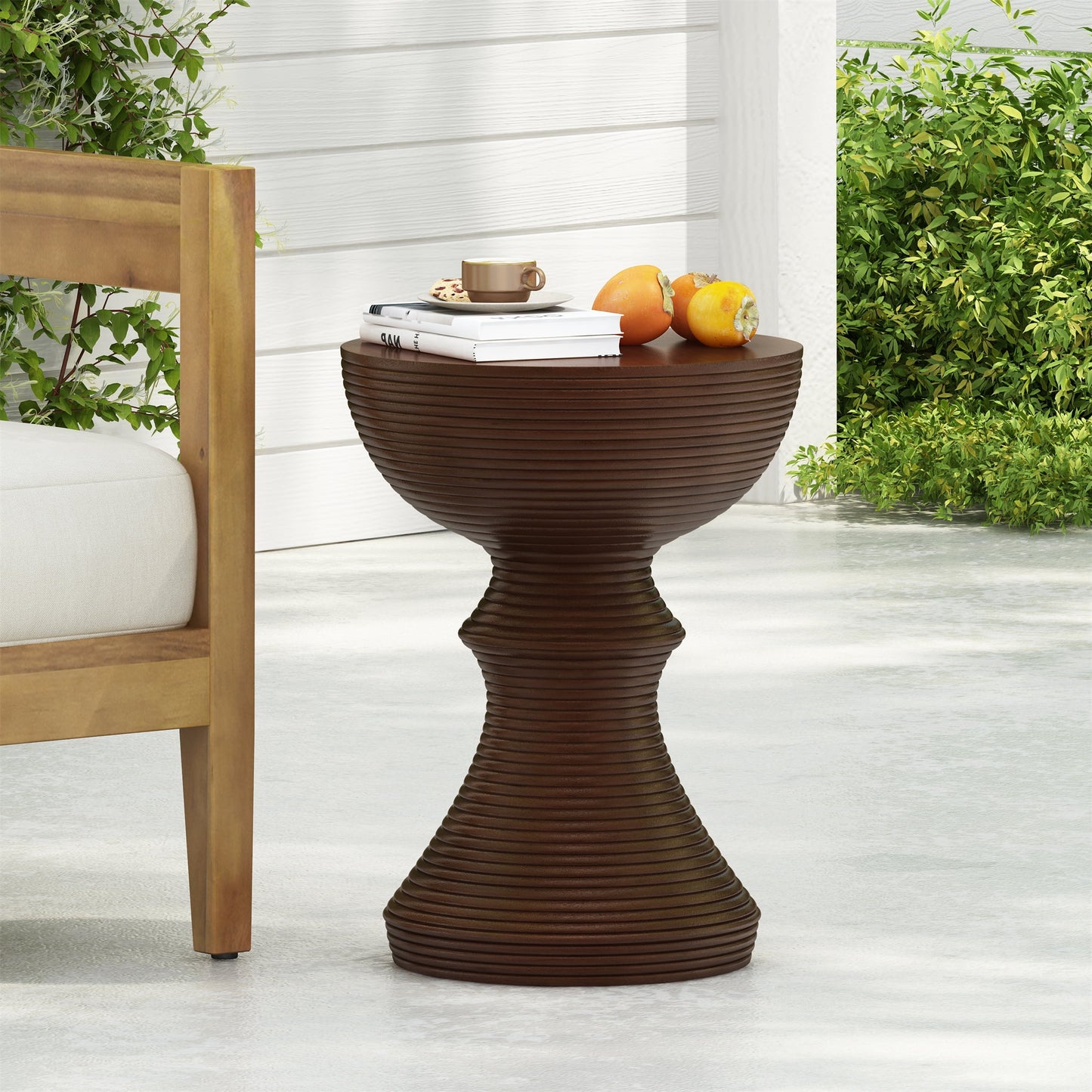 Hourglass Concrete Side Table, 16 Inch Ribbed Outdoor End Table for Patio Garden, Brown
