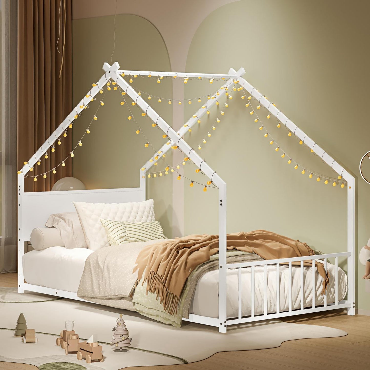 House Bed, Twin Size Bed Frame, Metal Bed with Roof and Colorful Lights, Slats Support No Box Spring Needed, Black Youth Bed