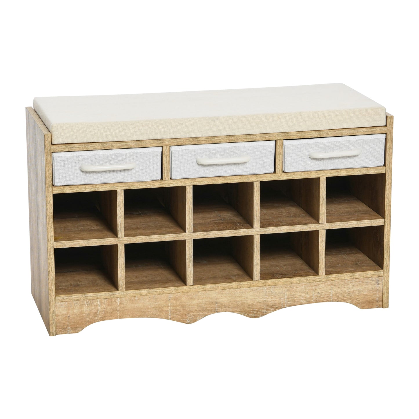 Household Essentials Entryway Storage Bench with 3 Beige Drawers 10 Shoe Compartments and Cushioned Seat in Coastal Oak Rustic Wood Grain