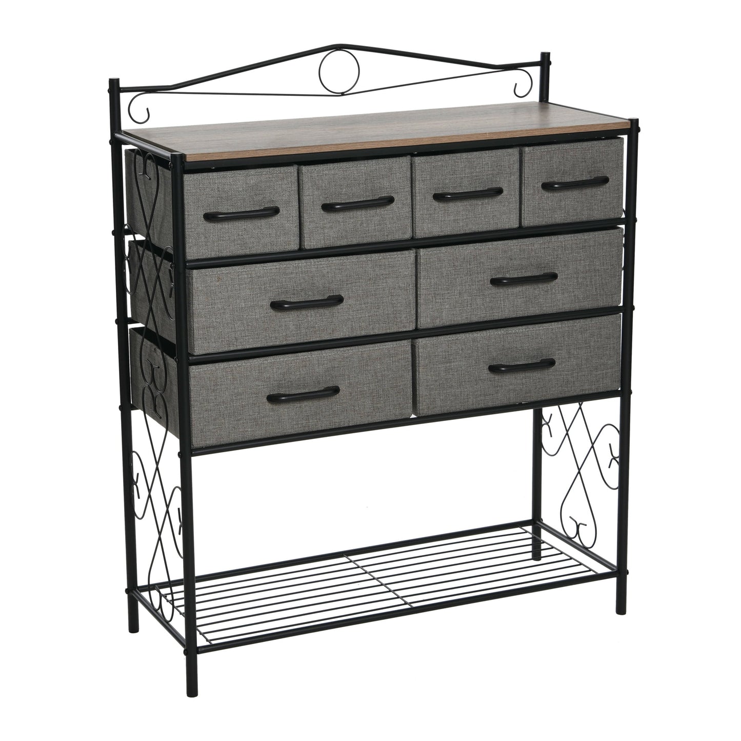 Household Essentials Victoria Dresser Table Storage Organizer with 8 Drawers and Shoe Shelf Black Metal Frame and Ashwood Rustic Wood Grain Top