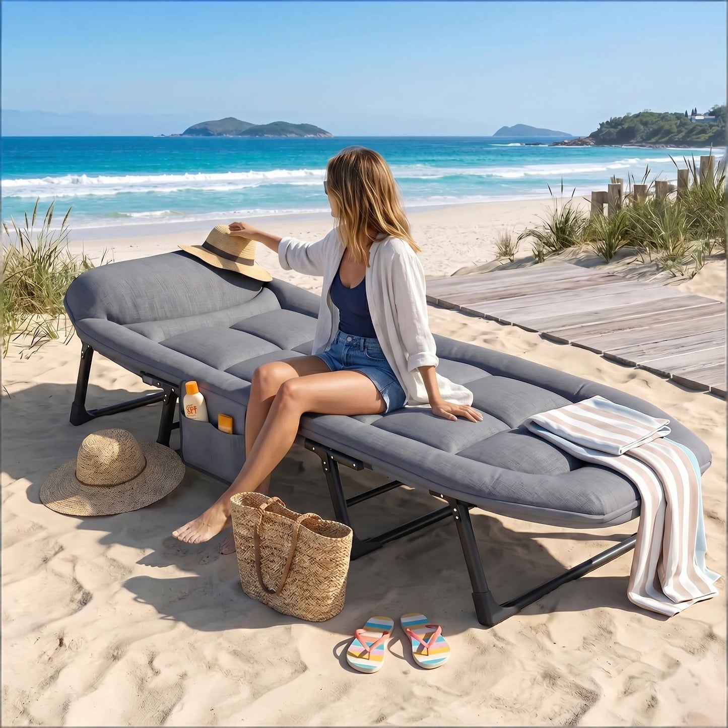 Howcool Patio Folding Chaise Lounge Bed, Ergonomic Single Reclining Cot, Portable Heavy Duty Outdoor/Indoor Folding Bed for Garden, Patio, Camping & Office