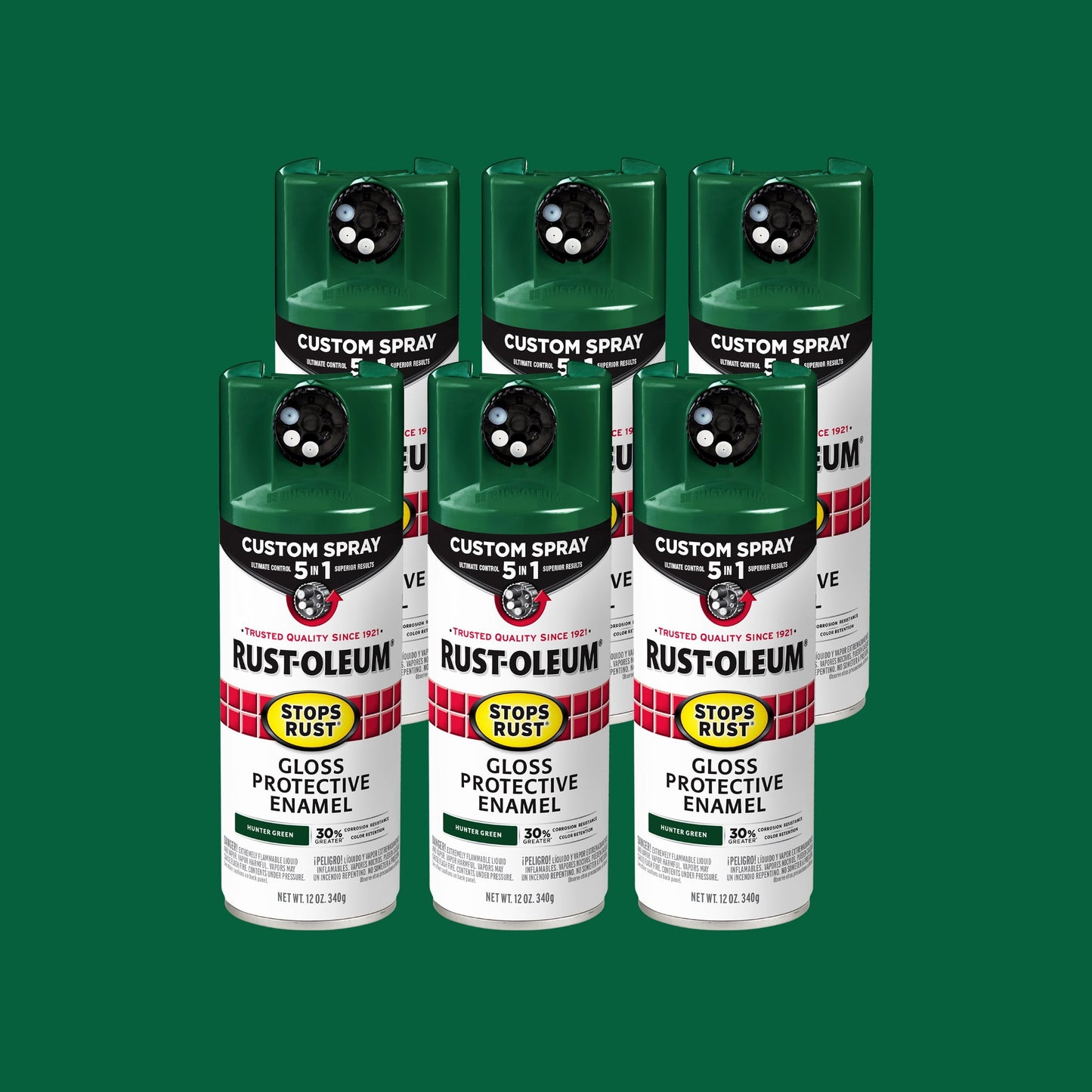 6 Pack, Hunter Green, Rust-Oleum Stops Rust Custom Spray 5 in 1 Gloss Spray Paint-376891, 12 oz