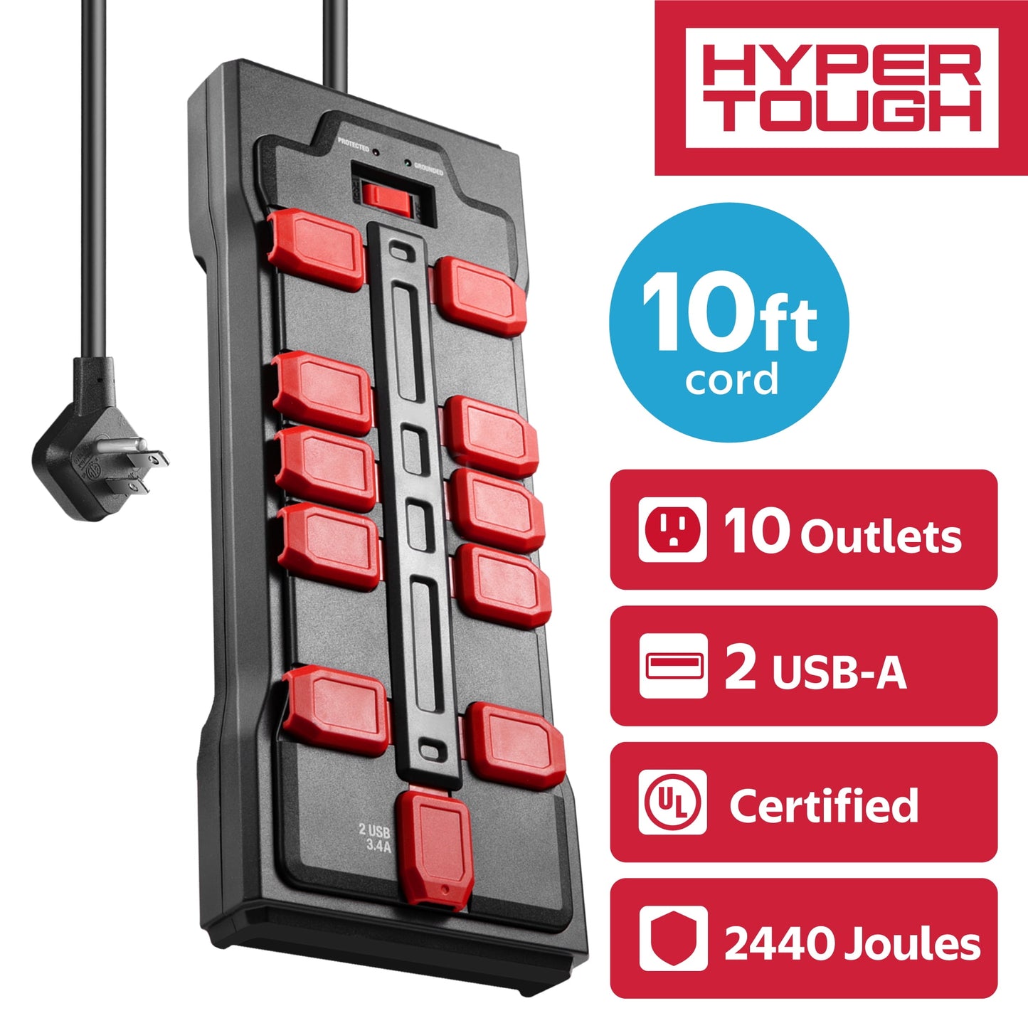 Hyper Tough Surge Protector Power Strip with Usb, 10 Safety Outlets, 10ft Extension Cord, Black/Red