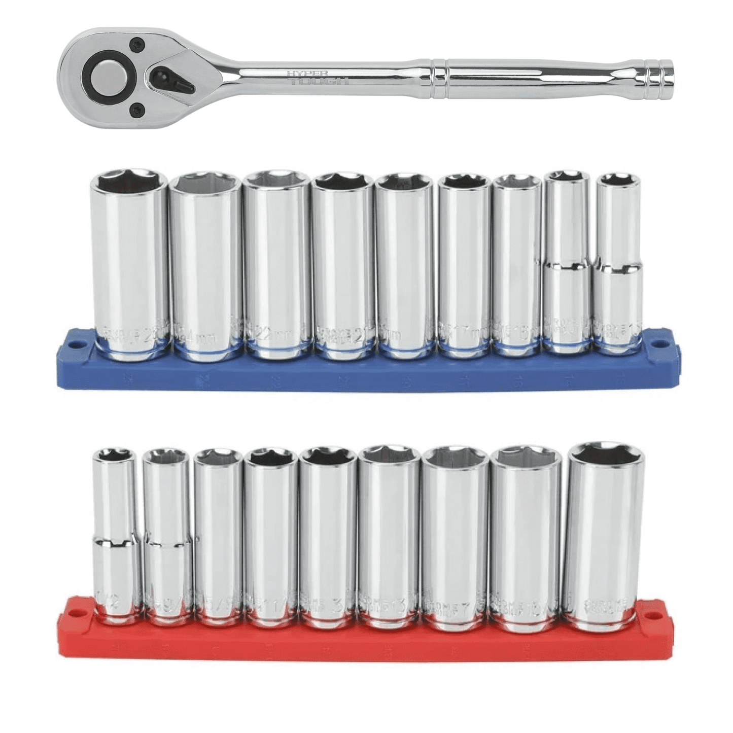 Hyper Tough 21-Piece 1/2-inch Drive Deep Ratchet and Socket Set (SAE and mm)