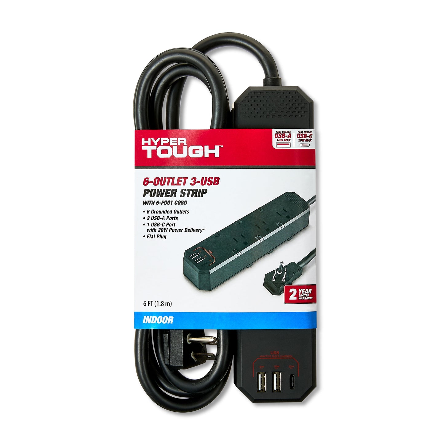 Hyper Tough Regleta de Alimentación Interior de 6 Tomas y 3 USB, Negra, Cable de 6', 15 Amperios