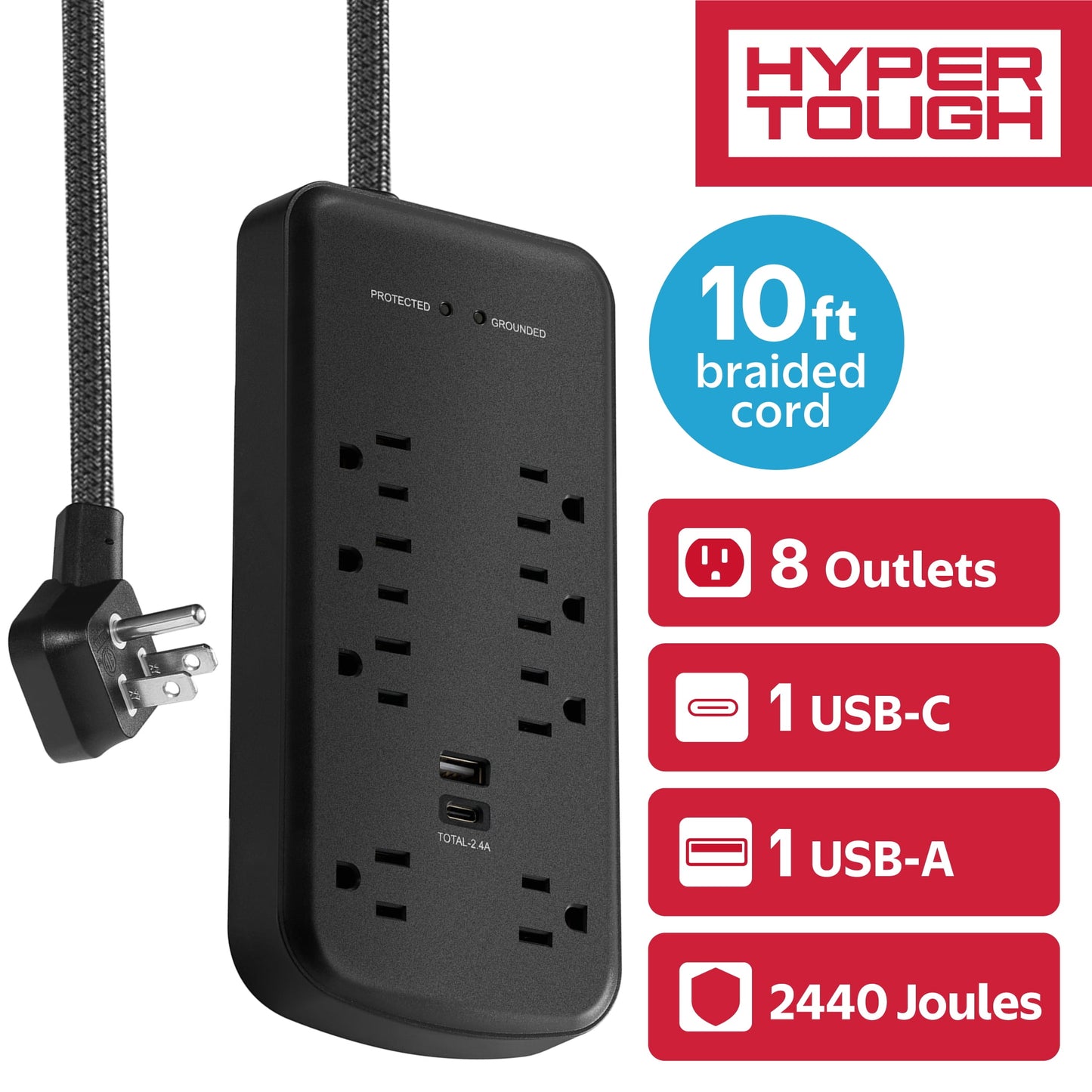 Hyper Tough Surge Protector Power Strip with USB-A, USB-C, 8 Outlets, 10ft Extension Cord, Black