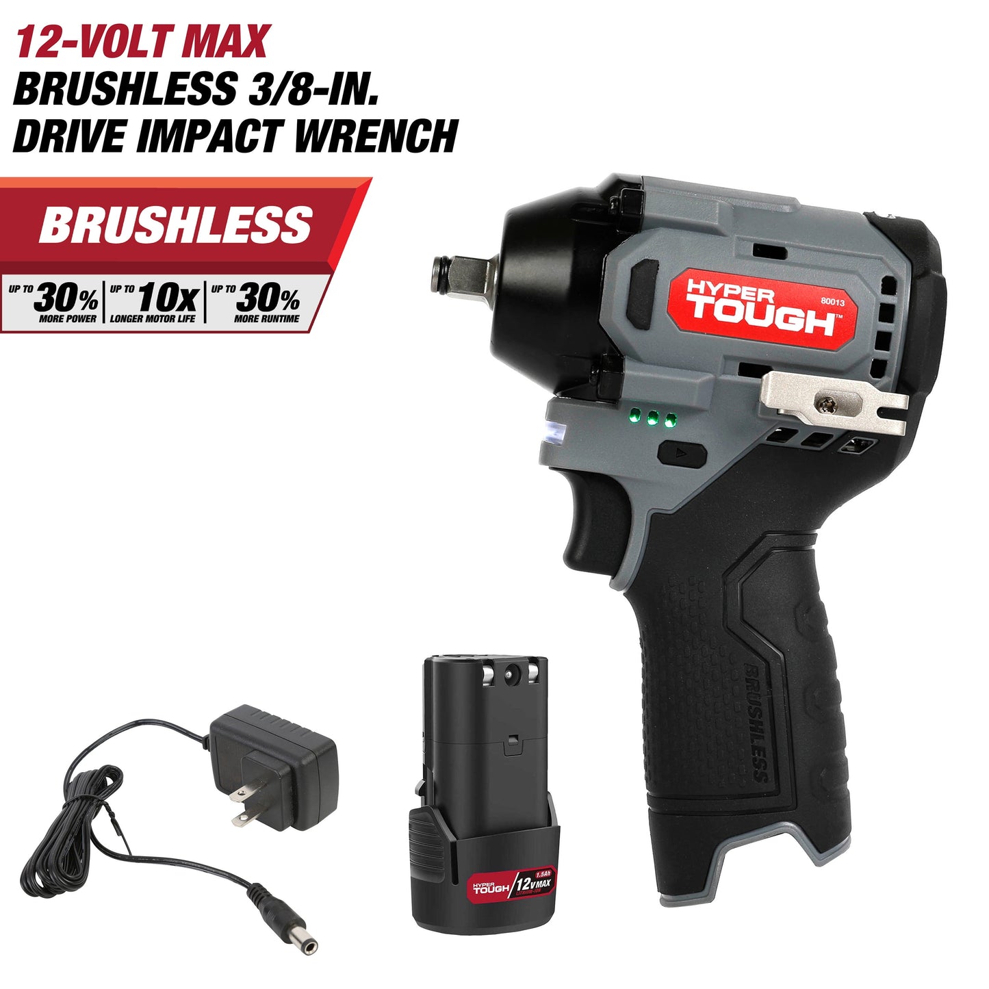 Hyper Tough 80013 12V, Max Brushless 3/8-inch Impact Wrench 2.0 Ah 2500 RPM