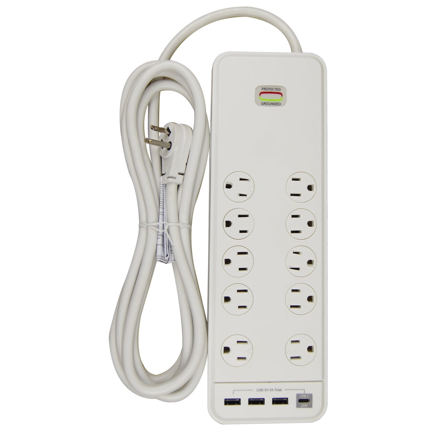 Hyper Tough Protector contra Sobretensiones para Interiores de 10 Tomas y 10 Ft, Protección de 2480 Joules con 4 Puertos USB, Blanco