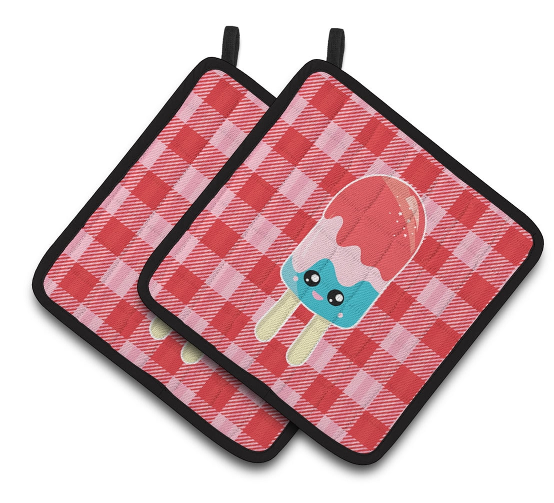 Ice Pop Popcicle Face Gingham Pair of Pot Holders