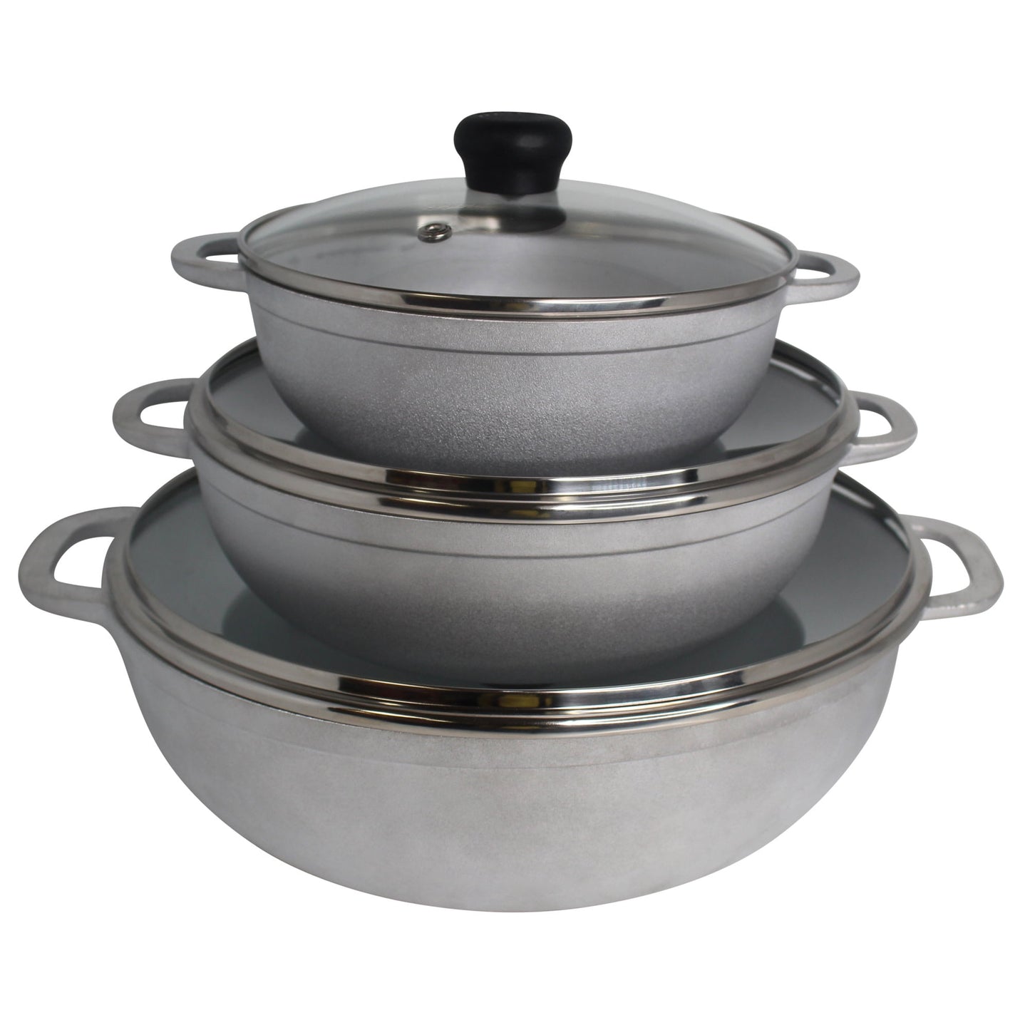 IMUSA 1.5/2.5/5.2qt Aluminio Fundido Caldero Juego de 3 Pzas con Tapa de Vidrio - 18/22/28cm