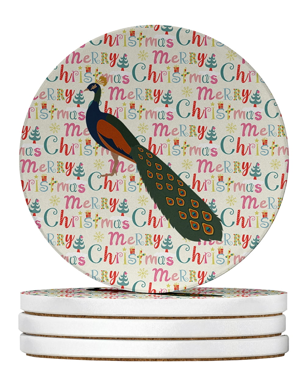 Indian Peacock Peafowl Christmas Large Sandstone Coasters Pack of 4 4 in x 4 in