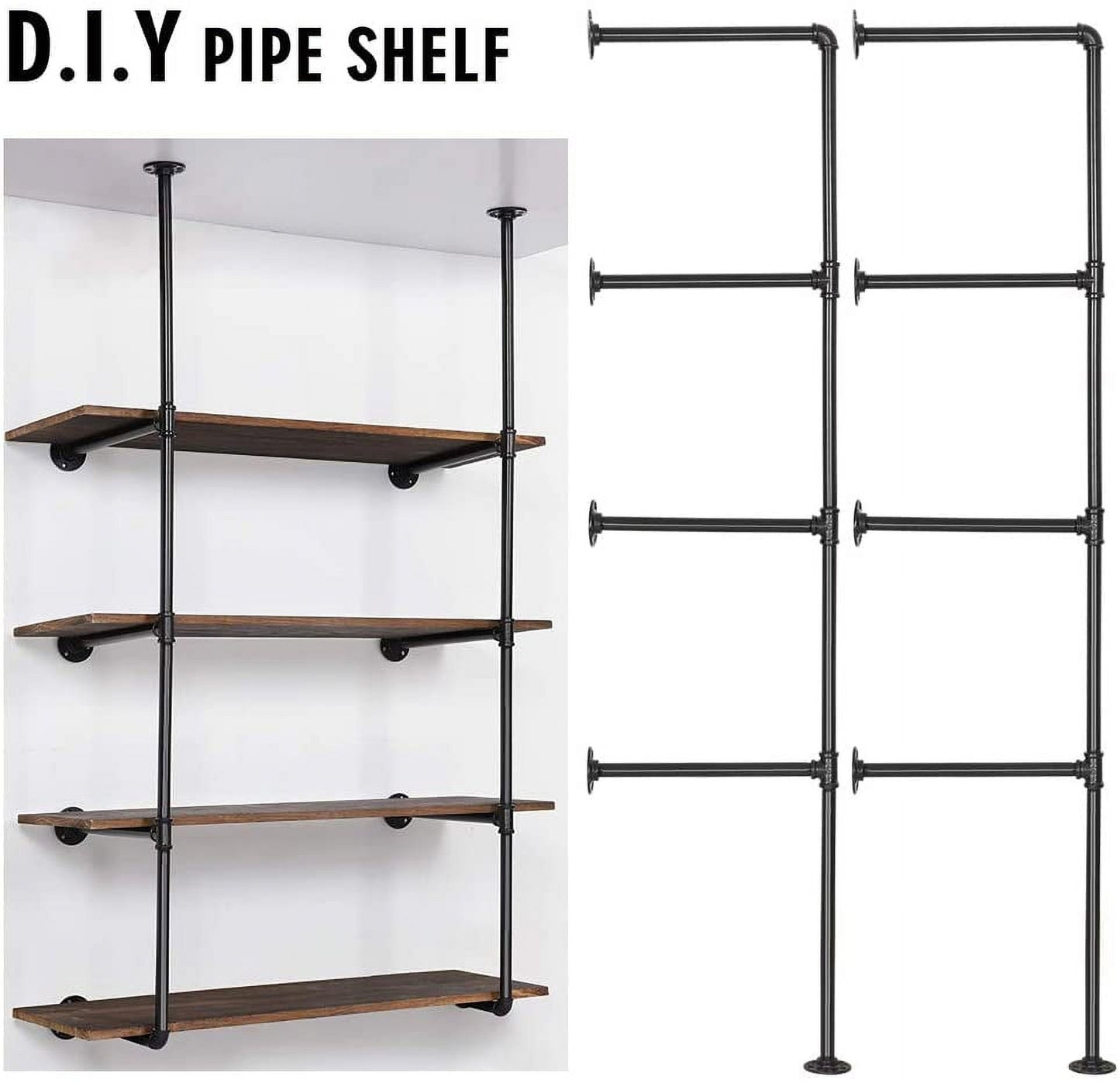 Industrial Wall Mount Iron Pipe Shelf, DIY Open Bookshelf, Retro Storage Shelves Pipe Shelving Hung Bracket (4 Tier x 2, Black)