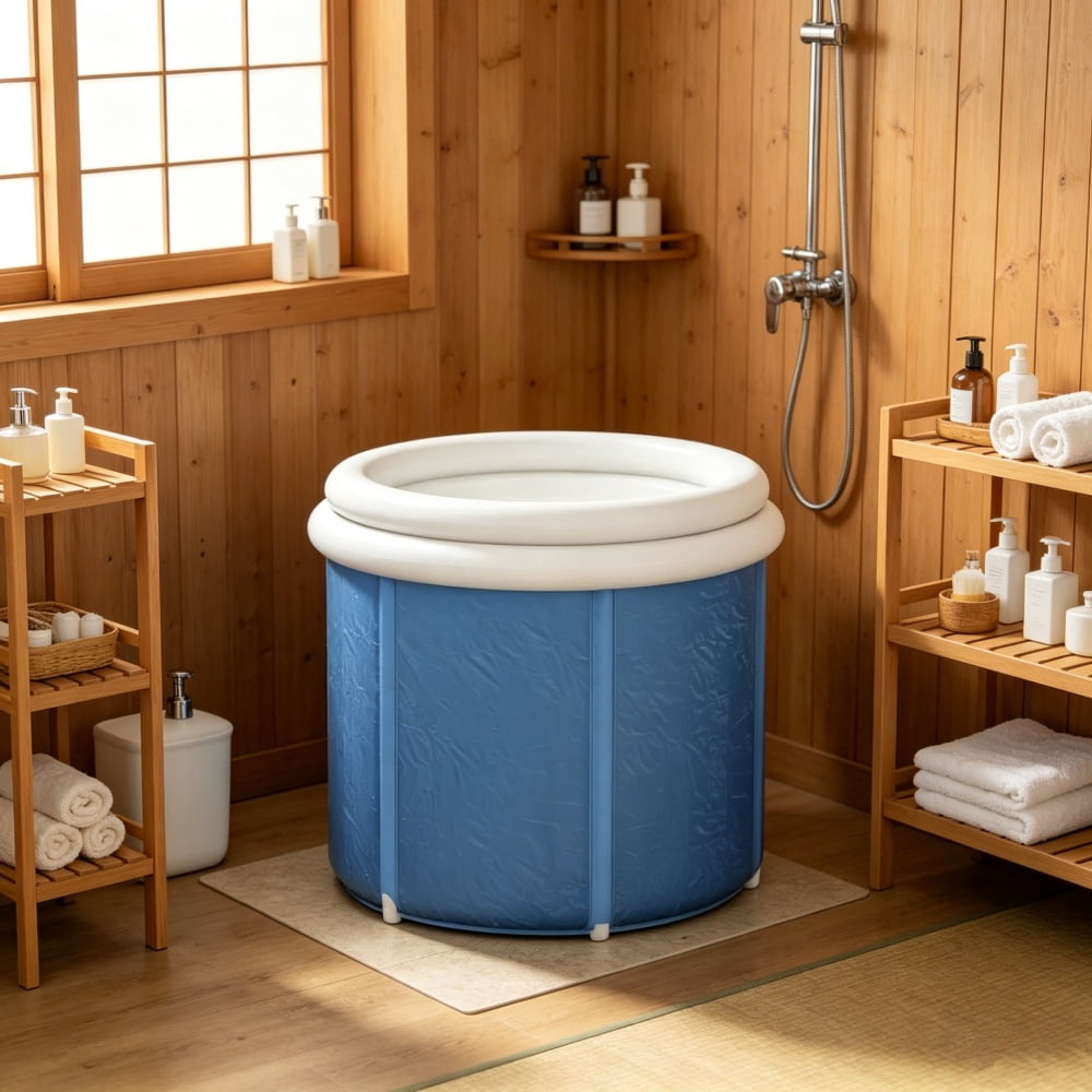 Inflatable Ice Bath Tub, 100 Gallon Portable Cold Plunge Tub with Thermal Cover, Hand Pump & Carry Bag, Dark Blue Plastic Ice Barrel for Muscle Recovery