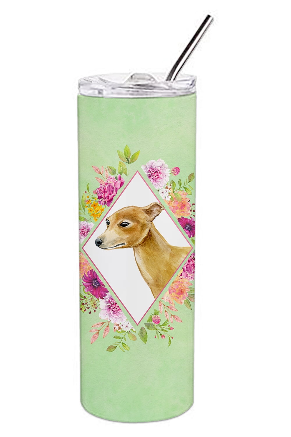 Italian Greyhound Green Flowers Double Walled Stainless Steel 20 oz Skinny Tumbler