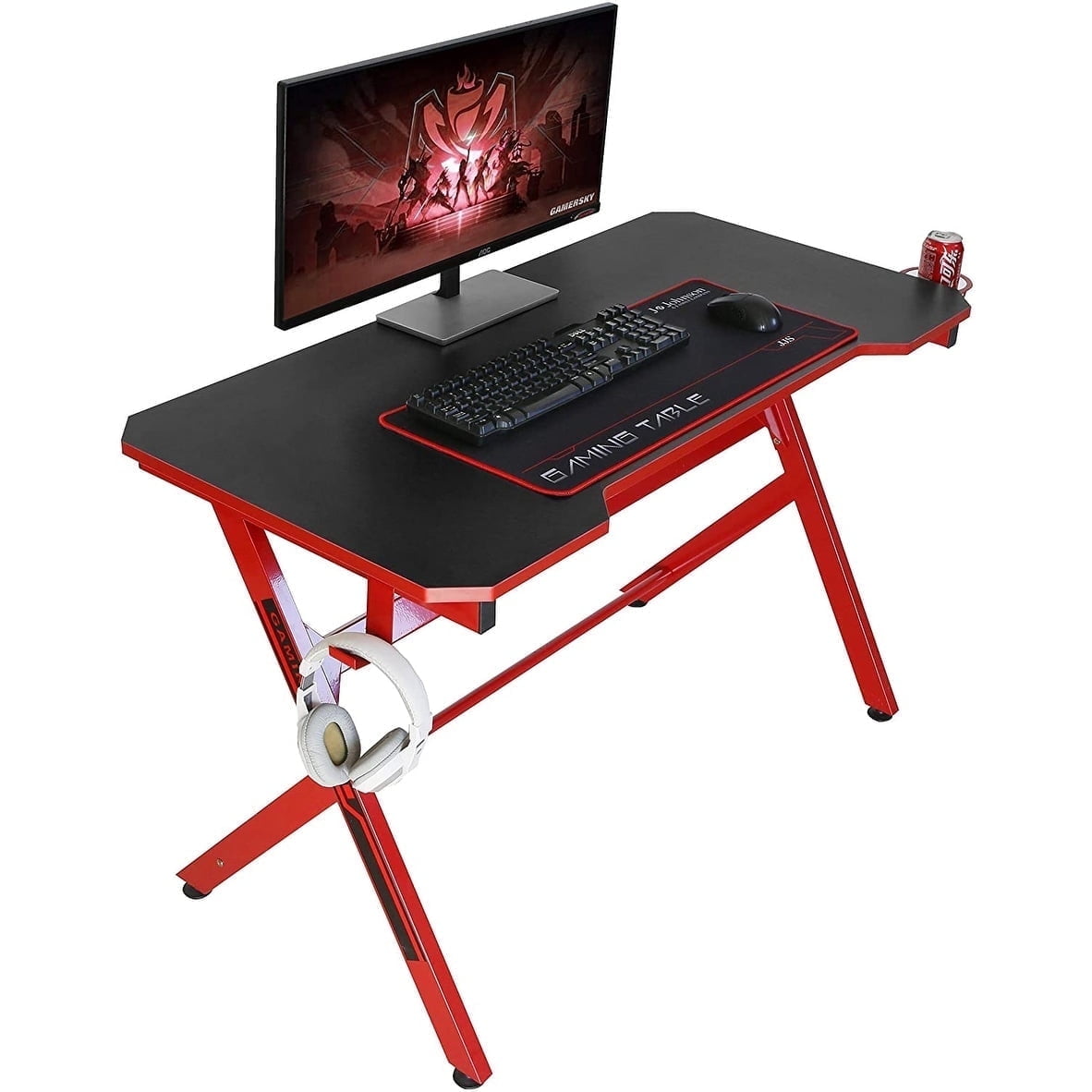 JJS 48" Wood Home Office Gaming Computer Desk with Cup Holder in Black/Red