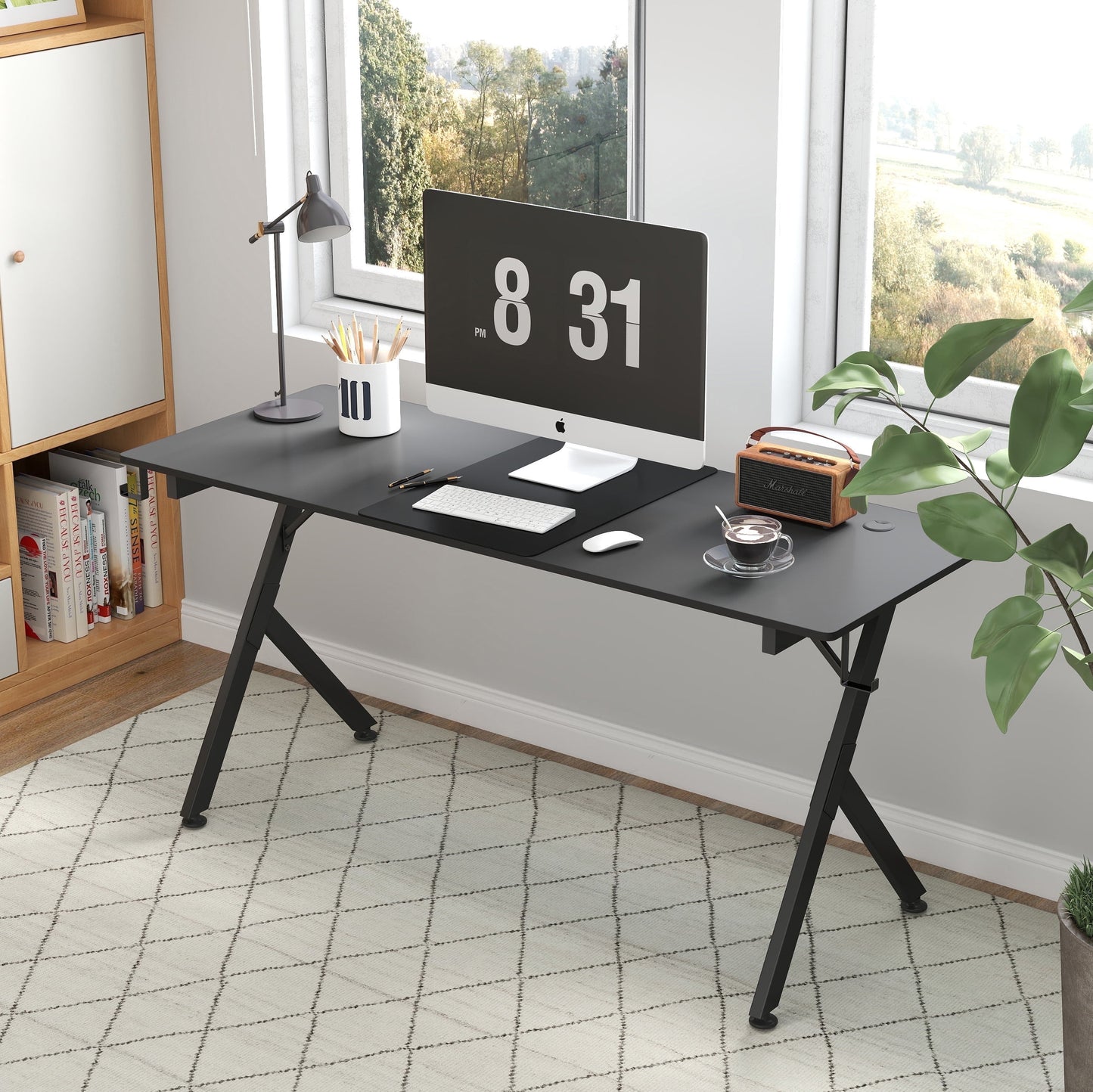 JJS 63 Inch Gaming Desk with USB Mouse Pad Black Engineered Wood