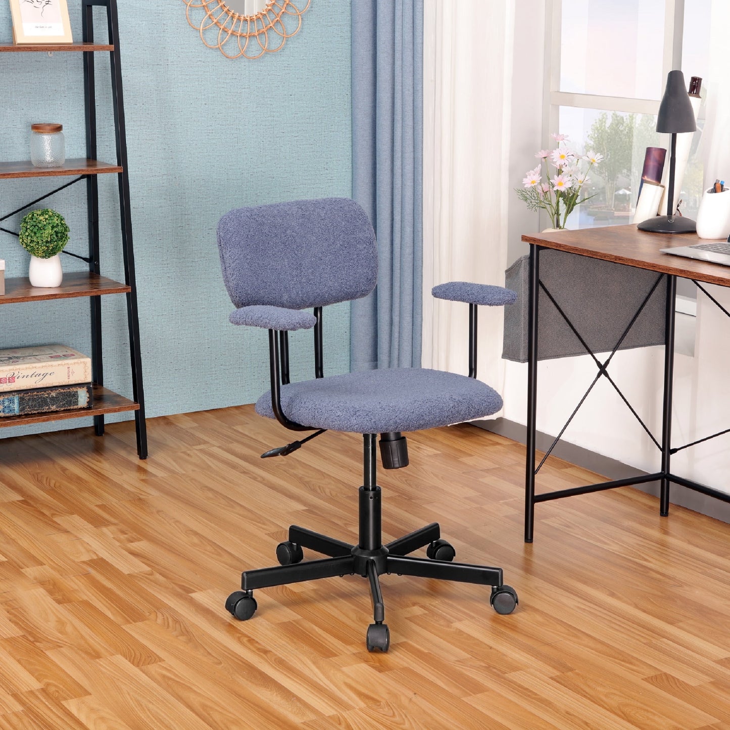 JJS Low Back Velvet Fabric Home Office Computer Chair with Armrest in Blue