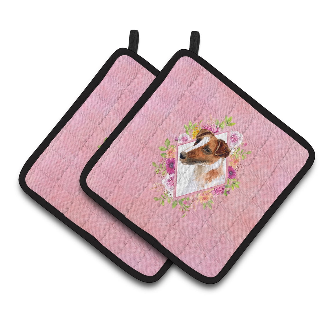 Jack Russell Terrier Pink Flowers Pair of Pot Holders