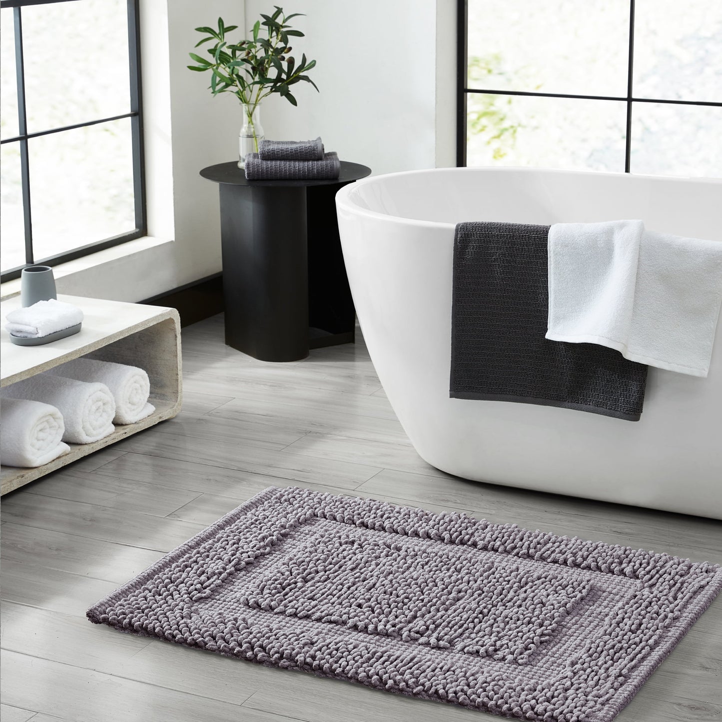 Jean Pierre New York Sophie Border 100% Cotton Bath Mat - Non-Slip Bath Rug - Charcoal Grey - 27" x 45"