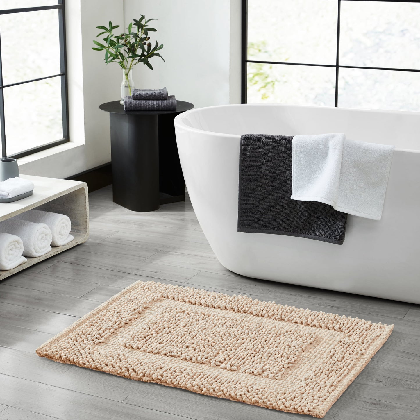 Jean Pierre New York Sophie Border 100% Cotton Non-Slip Bath Mat Set - Ivory - 17x24/20x32