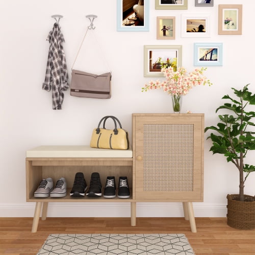 Jopath 2-in-1 Shoe Storage Bench, PP Rattan Shoe Cabinet with 2 Adjustable Shelves and Removable Seat Cushion, Modern Entryway Bench, Shoe Storage Organizer, Shoe Rack for Hallway, Bedroom