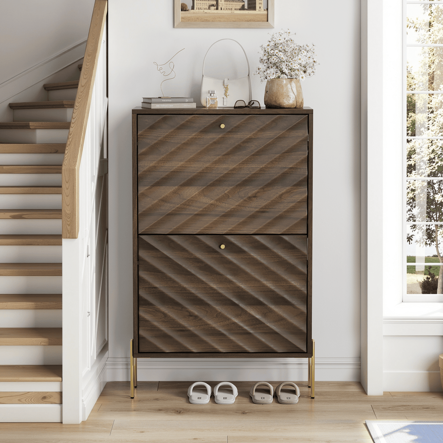 Jopath 23.6 Inch Walnut shoe cabinet, Mid-century modern freestanding shoe cabinet, Freestanding organizer with metal legs, Suitable for entry, Hallway And Entryway