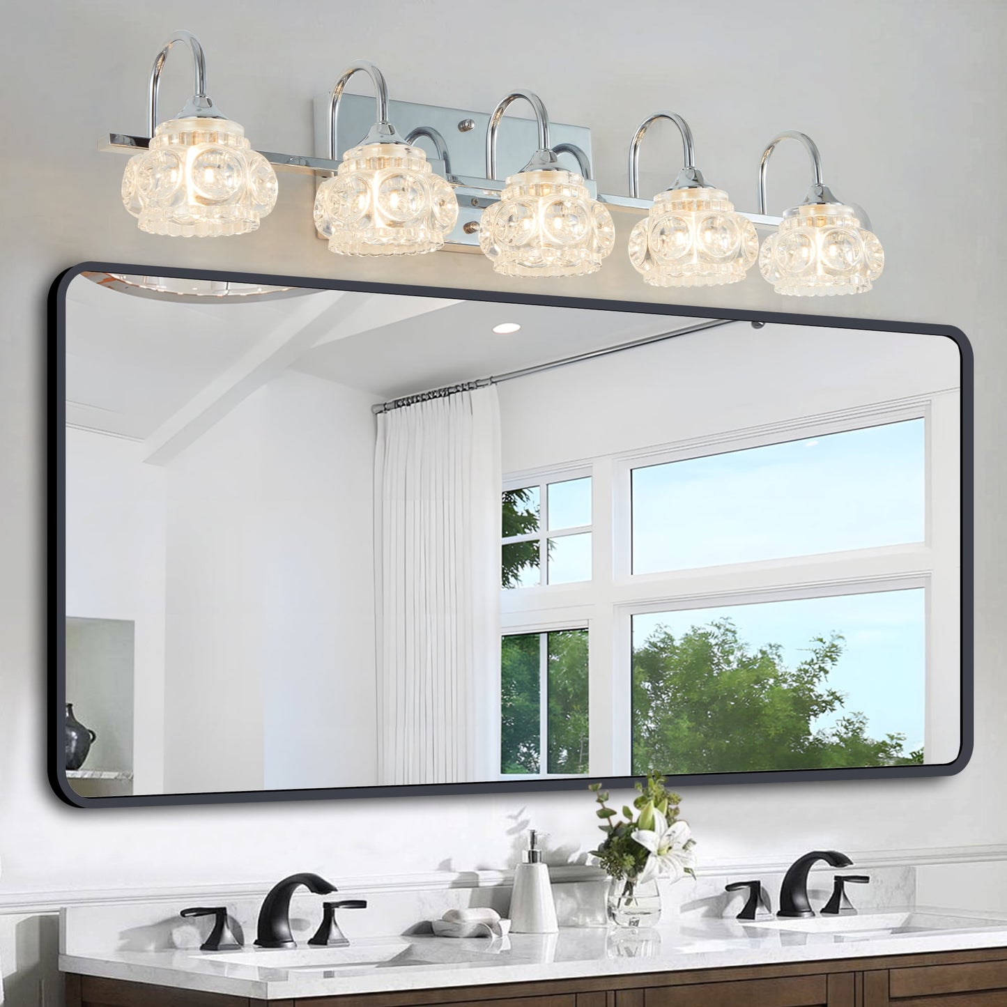 Jopath 29" Modern 5-Ligh Crystal Bathroom Vanity Light, Chrome Wall Sconce with Clear Glass Shade, Elegant Wall Mount Lighting for Bathroom, Powder Room, or Vanity Mirror (No Bulbs)