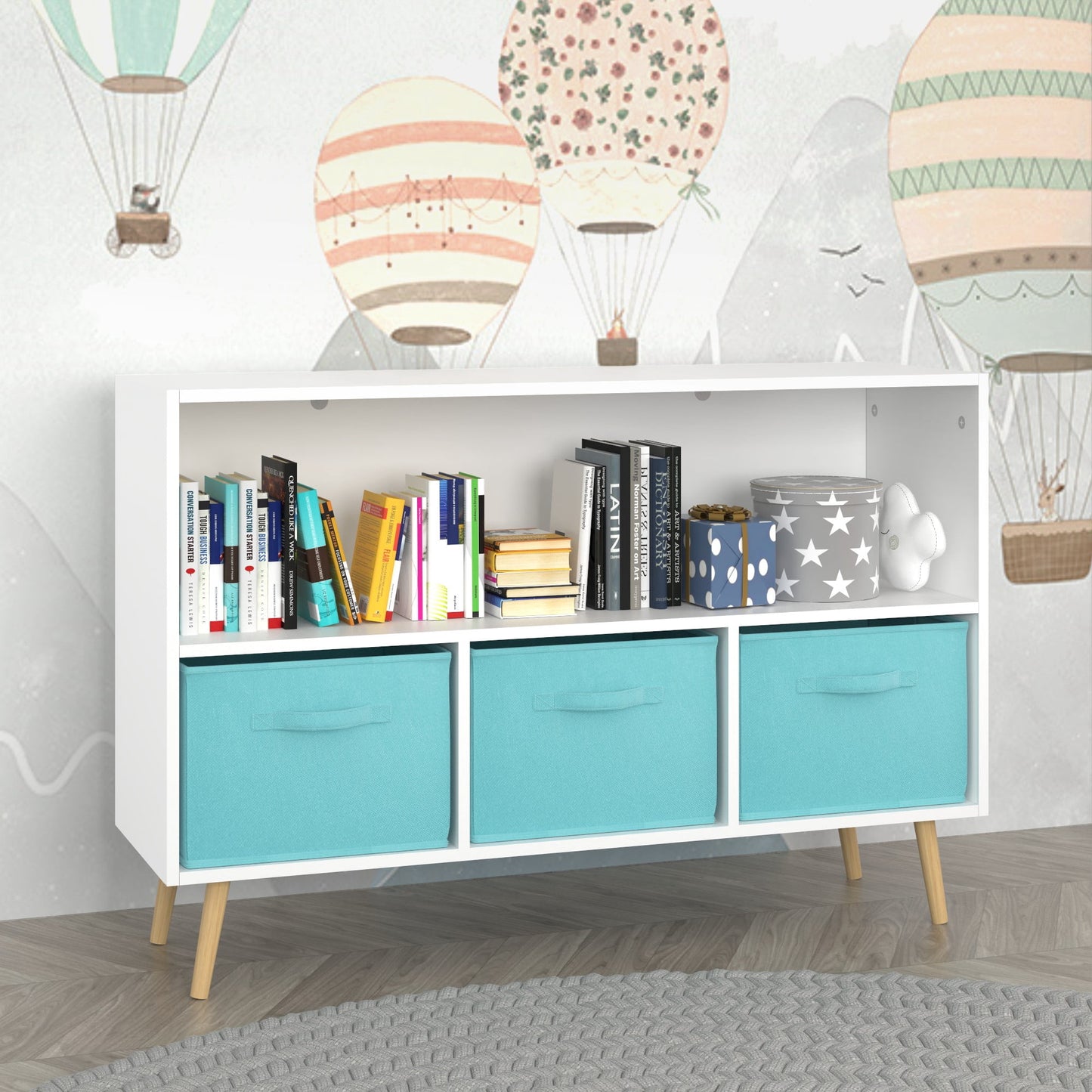 Jopath 4 Cube Kids Bookcase & Toy Storage Organizer with 3 Fabric Drawers for Playroom Storage,Blue 03