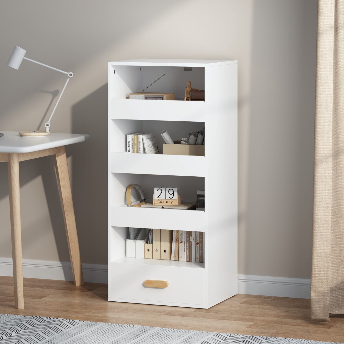 Jopath 4-Tier Bookcase with 3 Sliding Drawers and 1 Bottom Drawer,Kids Freestanding Bookshelf for Playroom,Bedroom,White