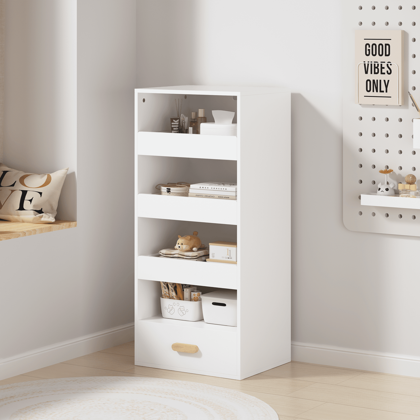 Jopath 4-Tier Bookcases,Freestanding Display Storage Shelves with 3 Sliding Drawers & 1 Bottom Drawer for Home Office Living Room,White