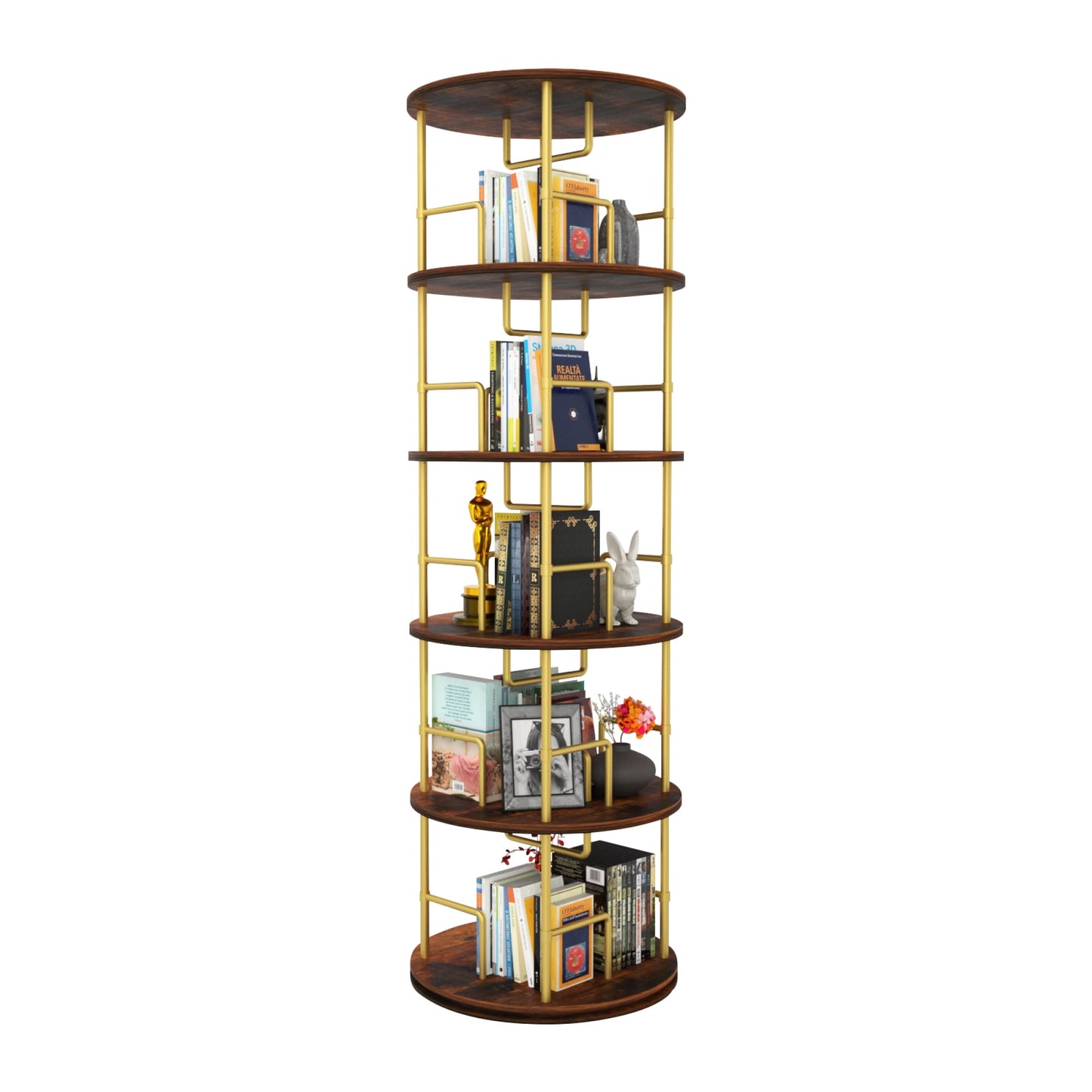 Jopath 5 Tier Rotating Bookshelf, 360° Display Round Spinning Bookshelf, Stackable Spinning Bookshelf Tower, Space Saving Floor Standing Swivel Bookcase for BedroomOffice, Gold