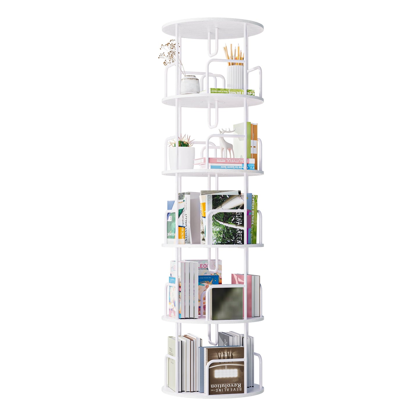 Jopath 5 Tier Rotating Bookshelf,Round Revolving 360° Bookcase,Narrow Turning Spinning Bookshelf Tower for Small Space, Bedroom,Office,White