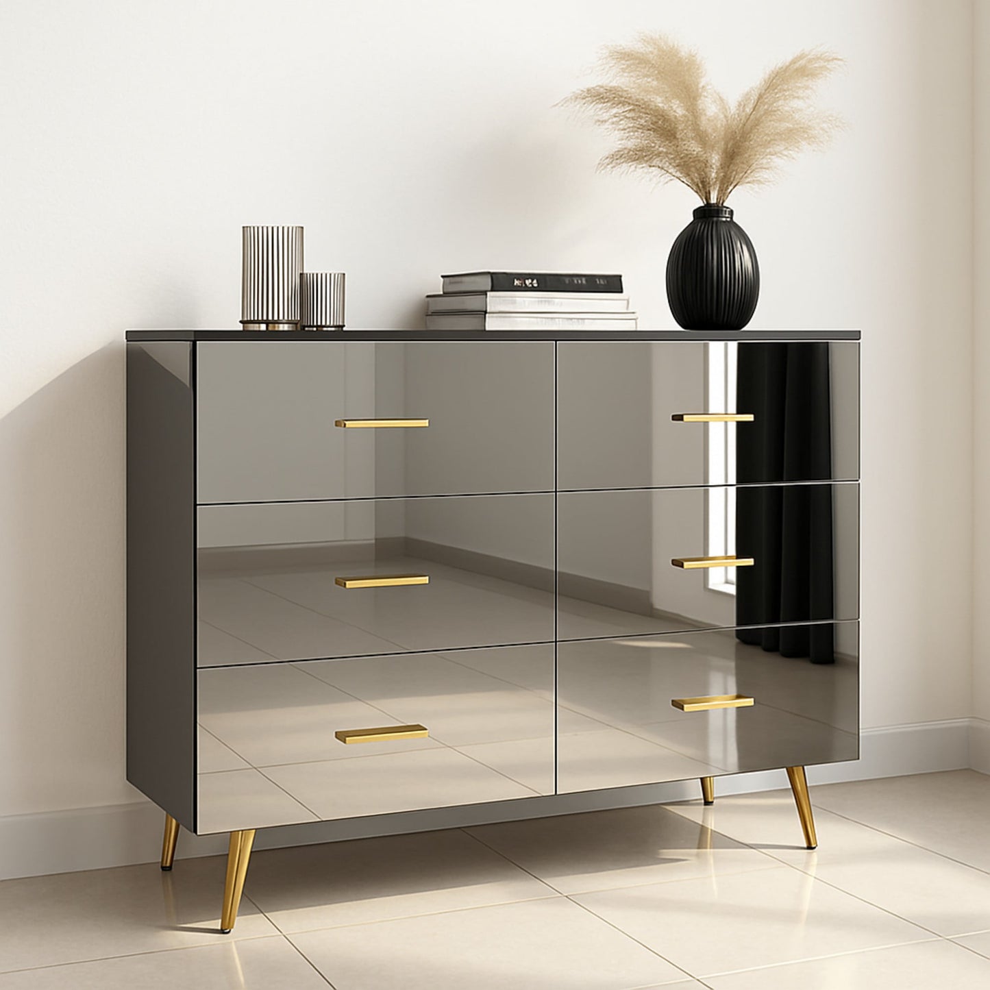 Jopath 6-Drawers Dresser for Bedroom,Modern High Glossy Surface Chest of Drawer with Golden Steel Legs,Wood Storage Organizer for Living Room,Black02