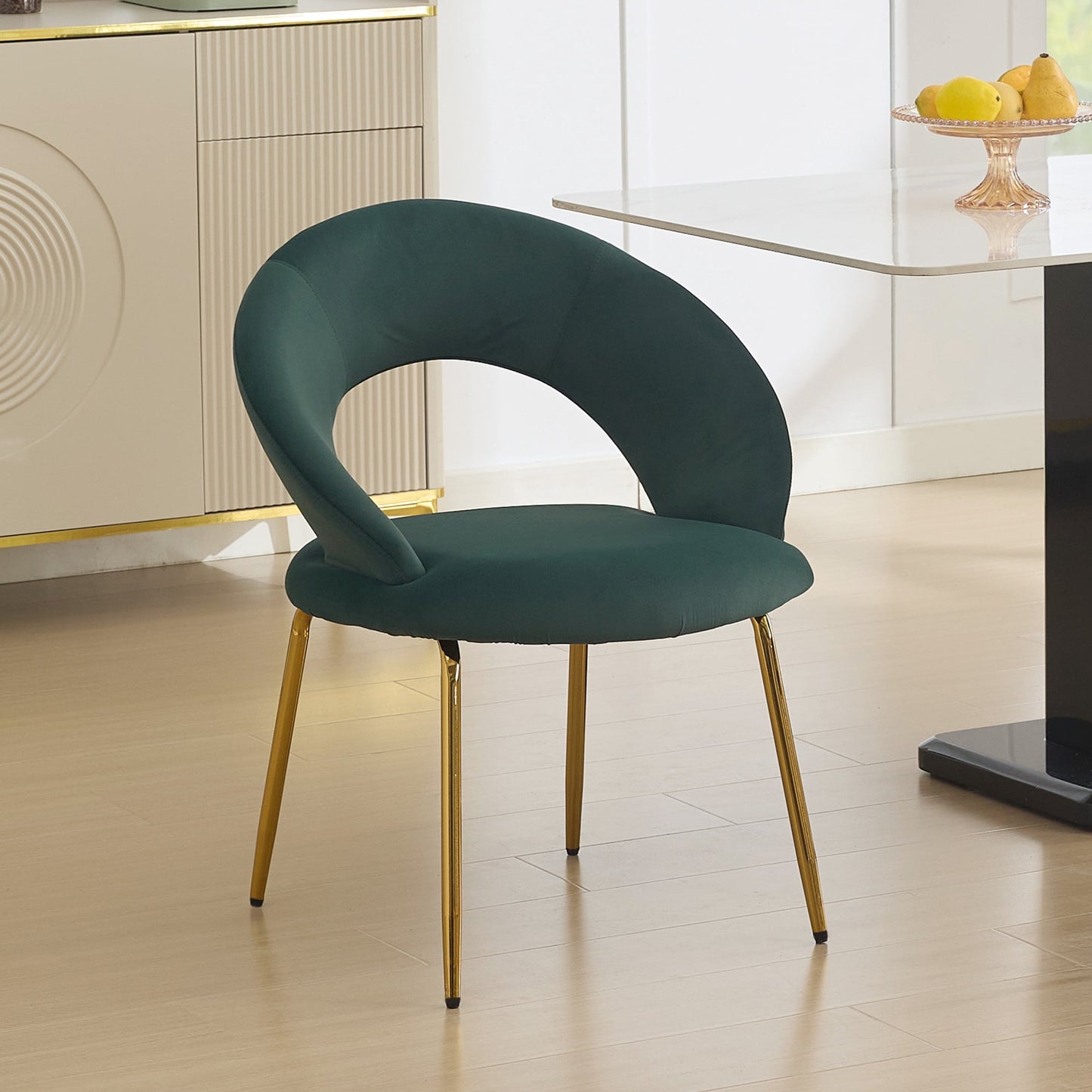 Jopath Dining Chair with Curved Backrest and Golden Metal Legs for Kitchen and Dining Room Velvet Fabric Green