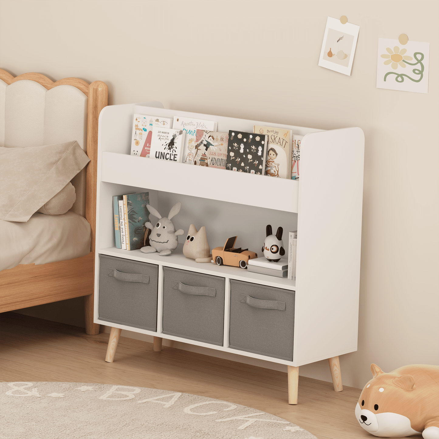 Jopath EstanterÃa para Niños con 3 Contenedores de Tela, Organizador de Almacenamiento Moderno para Sala de Juegos, Dormitorio, Blanco y Gris